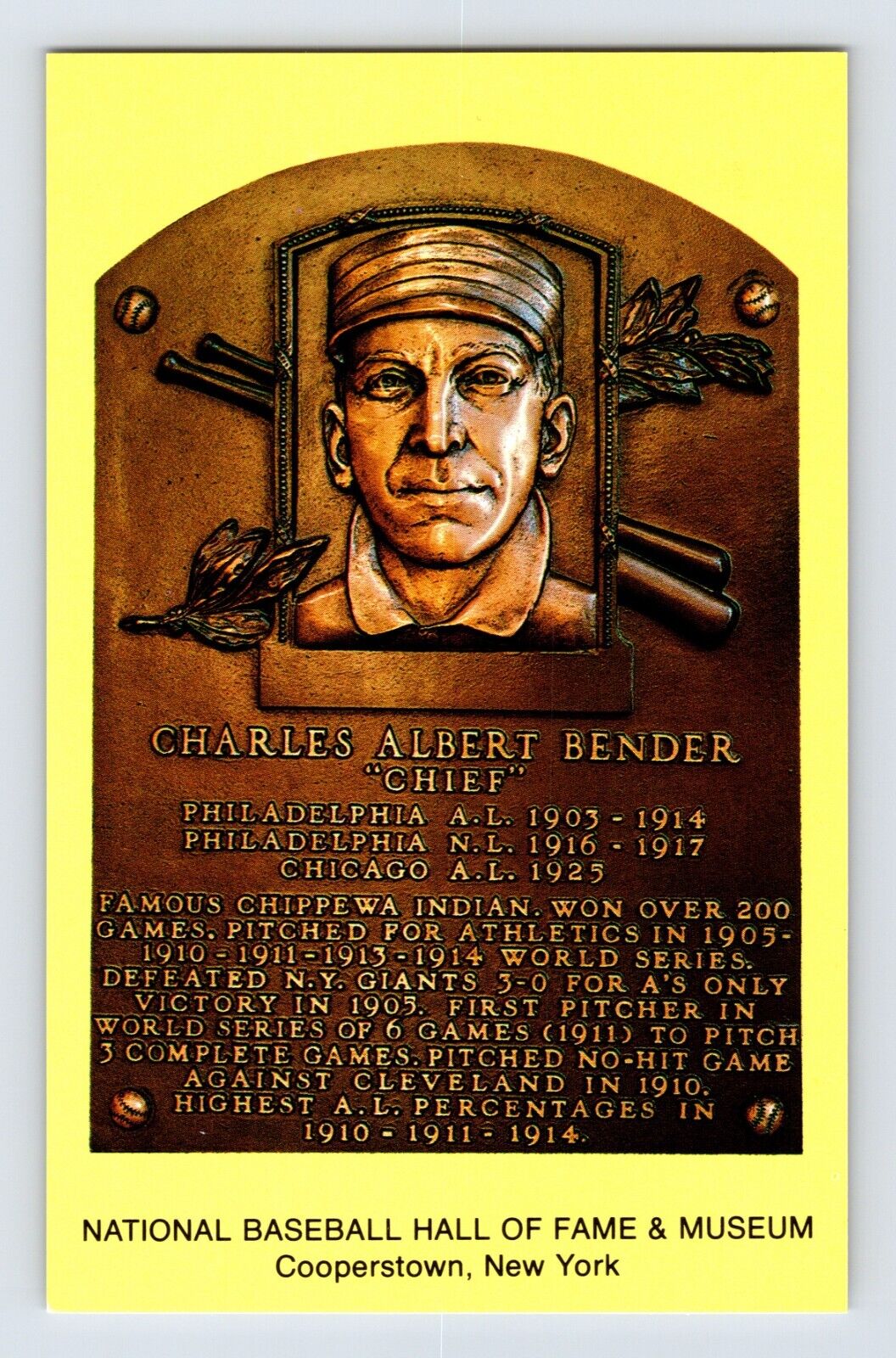 Postcard Baseball Charles Chief Bender Chippewa Hall Fame Plaque 1990s Unposted
