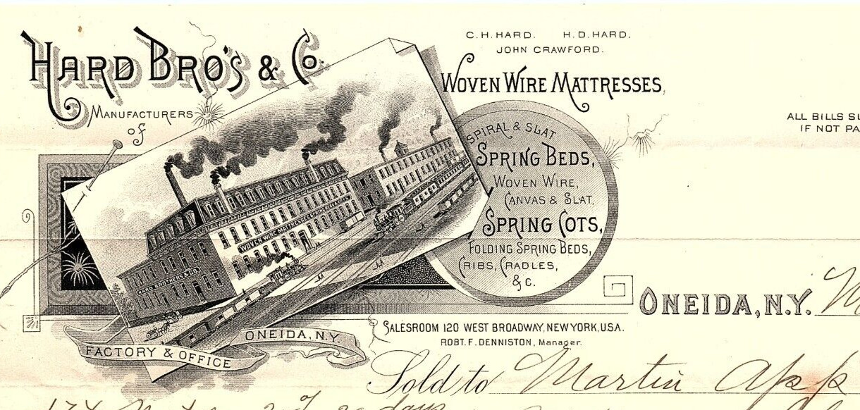 1888 ONEIDA NY  HARD BRO\'S & CO WOVEN WIRE MATTRESSES BILLHEAD INVOICE Z1760