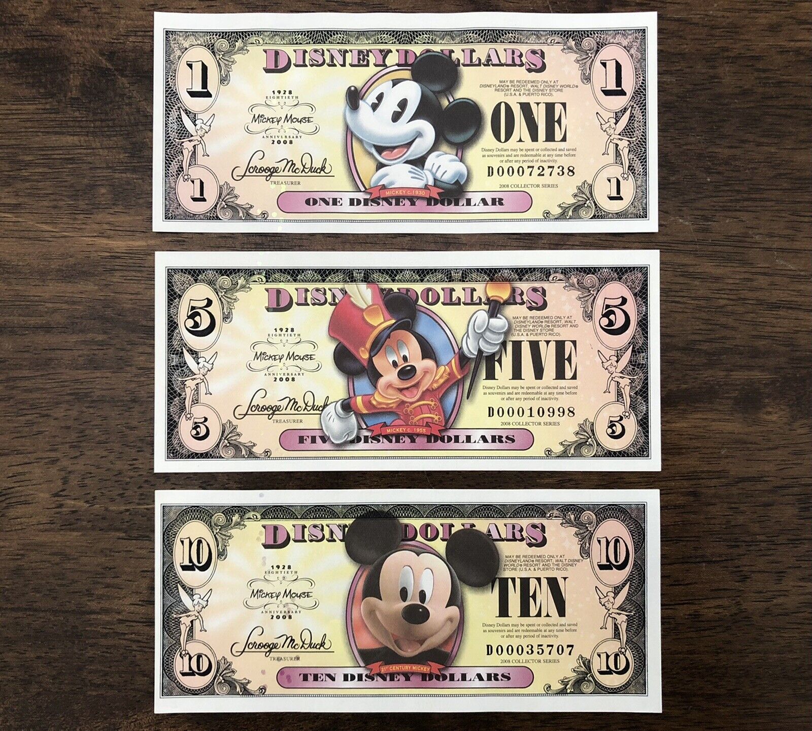 RARE 2008 D Disney Dollars Lot $1 $5 $10 Disney World Mickey Mouse LOW Serial #