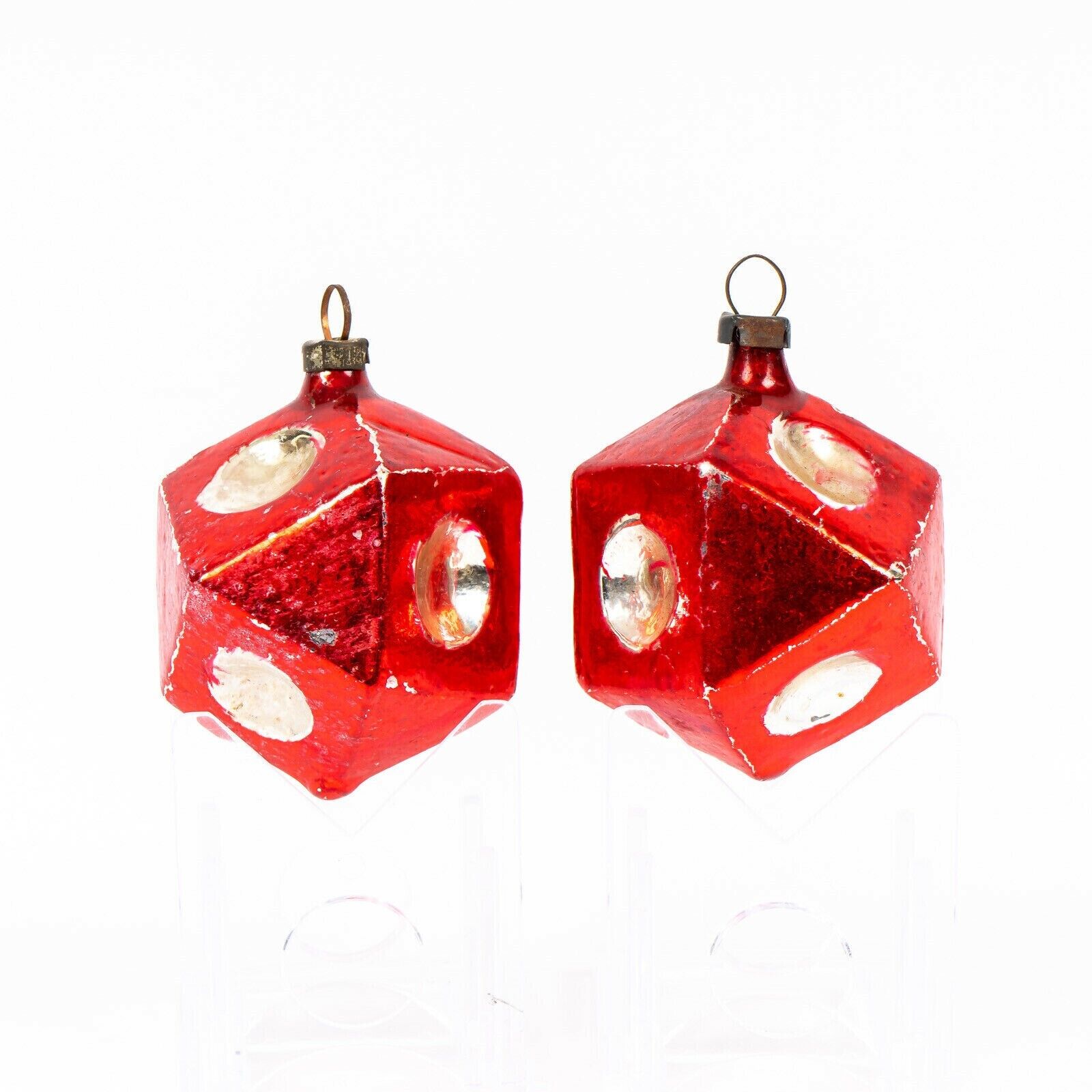 Pair Antique Red 14-Sided Geometric Shape Fancy Mold Christmas Ornaments Germany