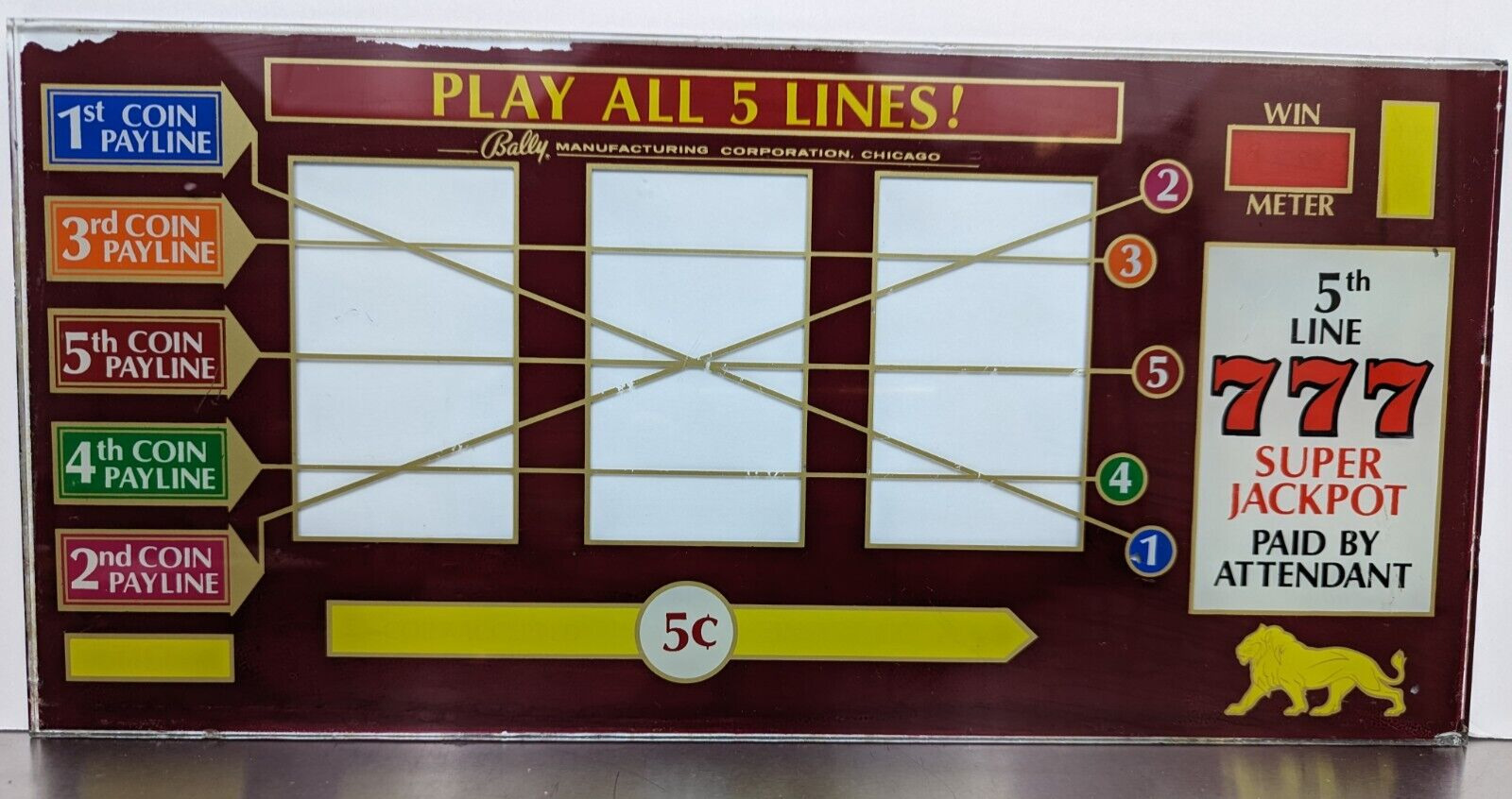 1981 Bally Slot Machine Reel Glass 5c Play All 5 Lines 777 Super Jackpot