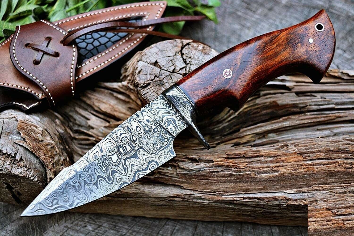 Custom Handmade Damascus Steel Bowie Hunting Knife Rose Wood Handle With Sheath