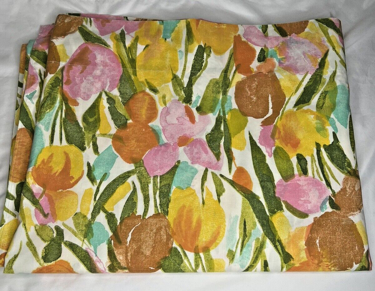 Vintage Cannon Floral Tulips Twin Flat Sheet USA 1970\'s