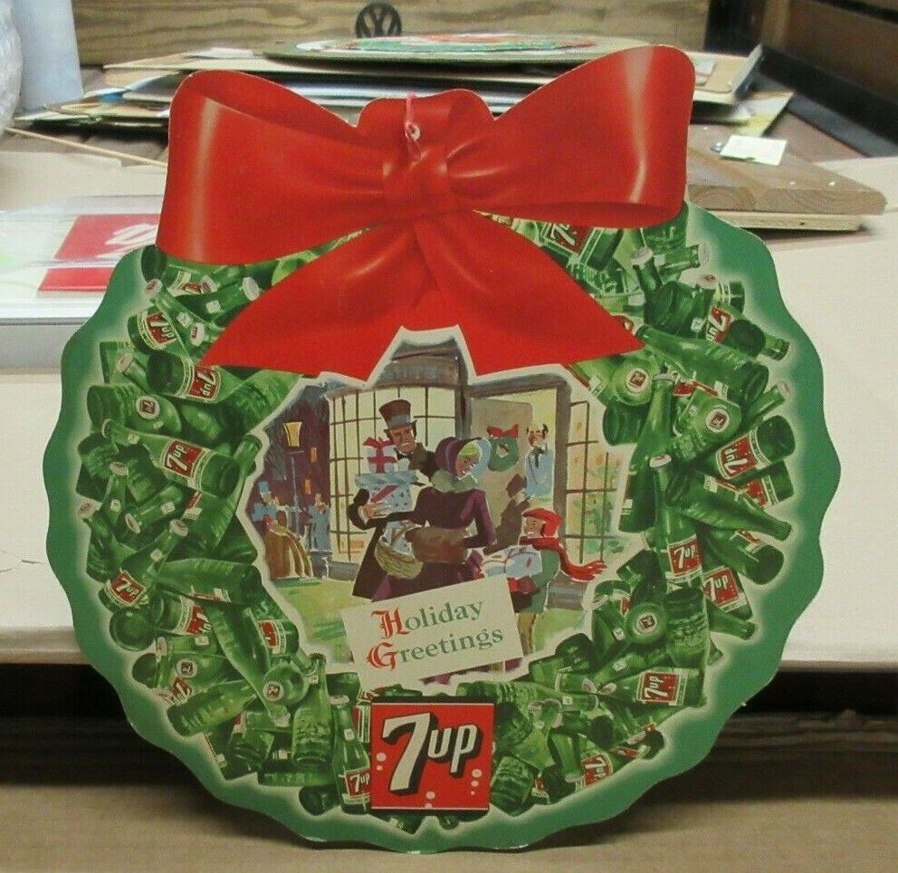 1960s 7up 7 Up Christmas Bottle Wreath Double Sided Sign Holiday Greetings C