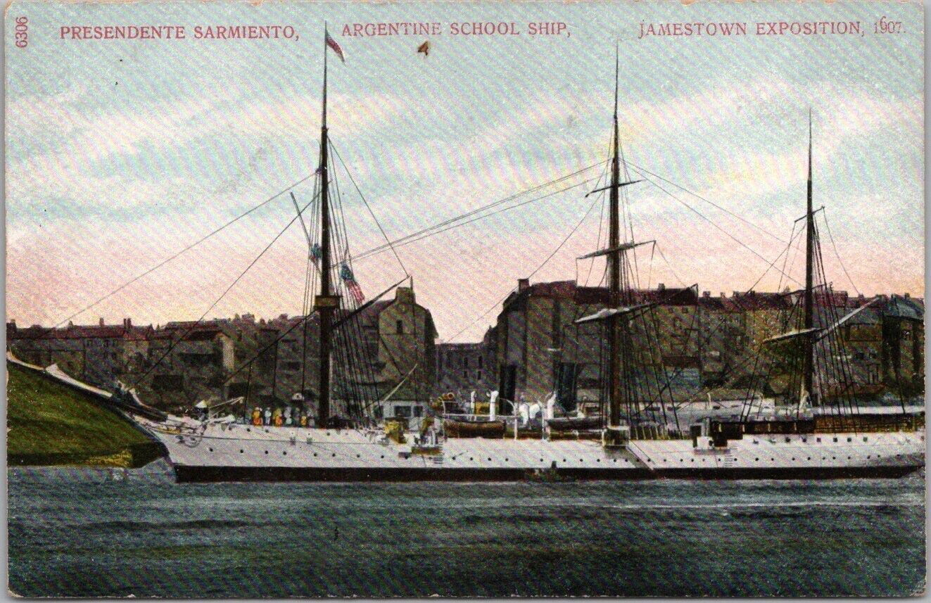 1907 JAMESTOWN EXPO Virginia Postcard President Sarmiento -Argentine School Ship