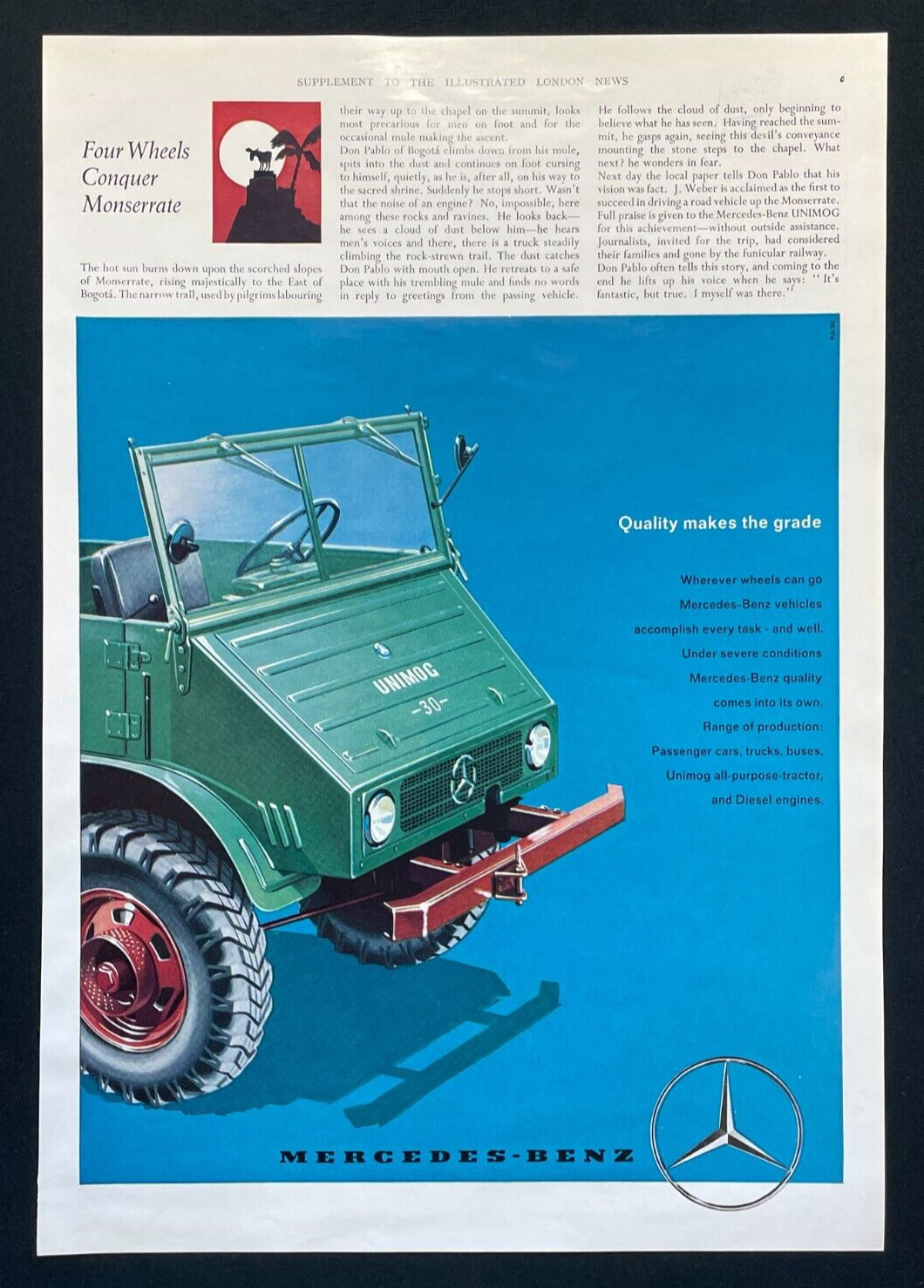 1959 Paper Advert, Mercedes-Benz Unimog, Four Wheels Conquer Monserrate Story