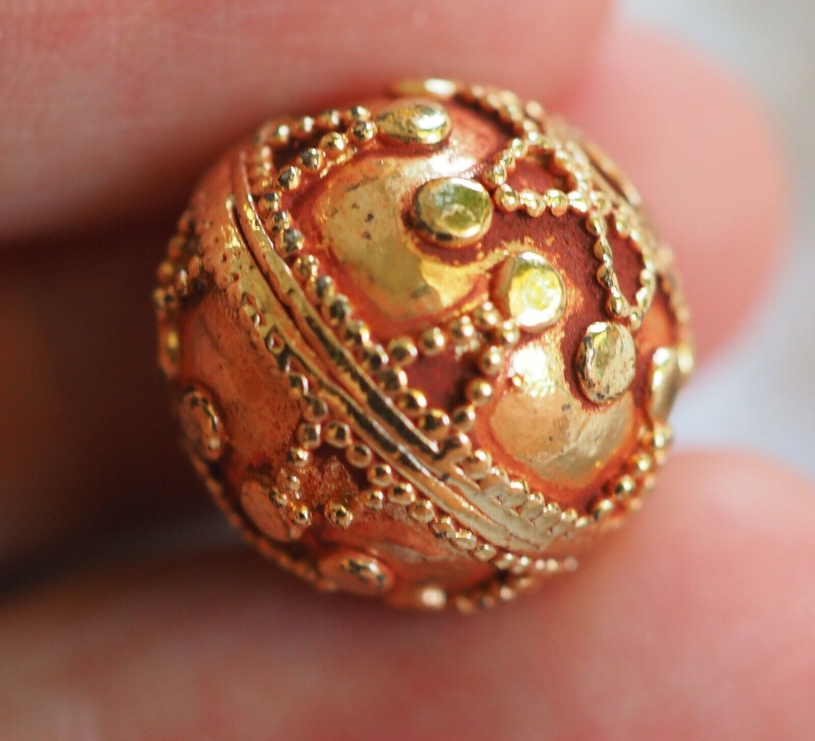 Vintage Gold Plated Over Metail Etruscan Design Granulated Round Bead Pendant