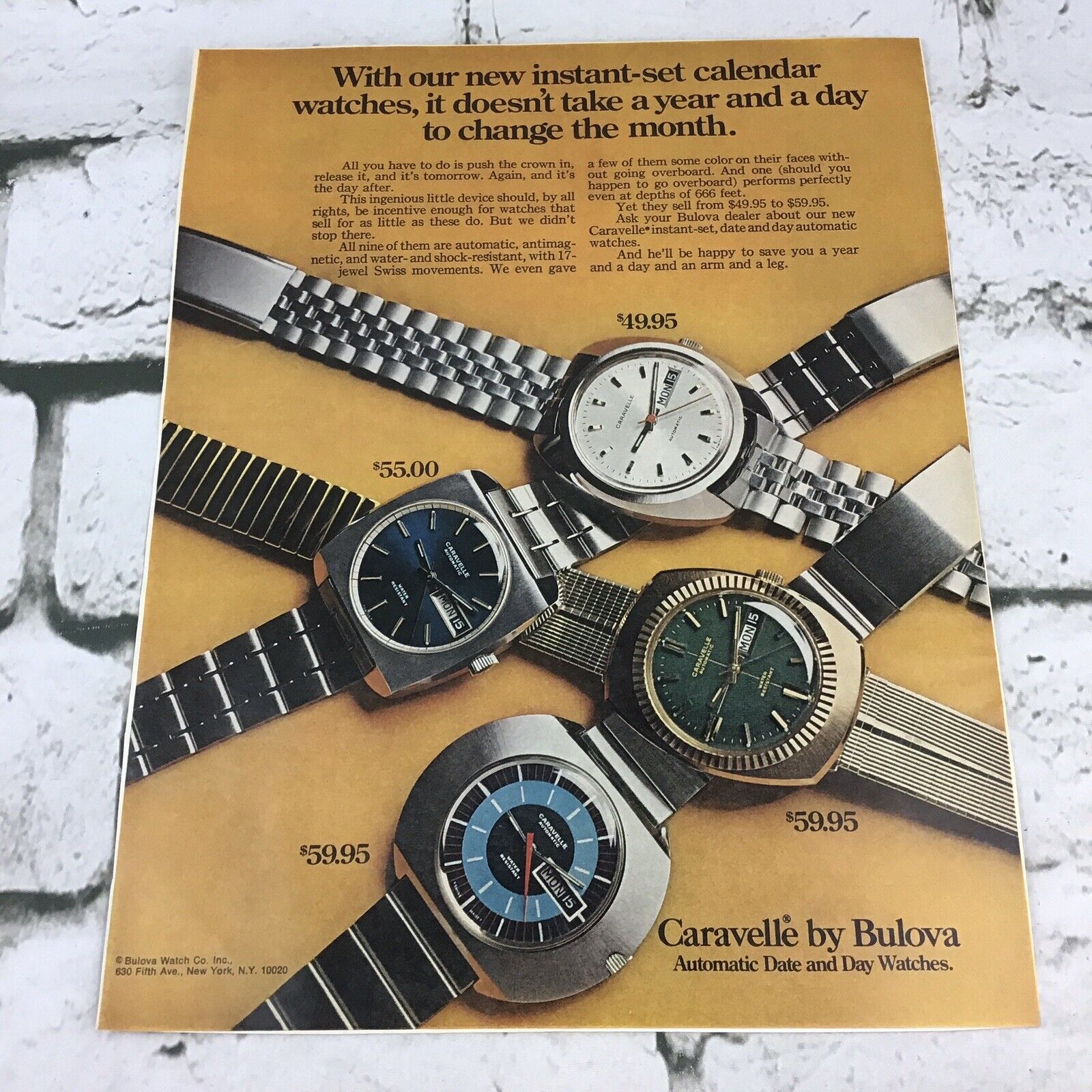 VTG 1970 Mens Wrist Watches Caravelle By Bulova Advertising Art Print Ad