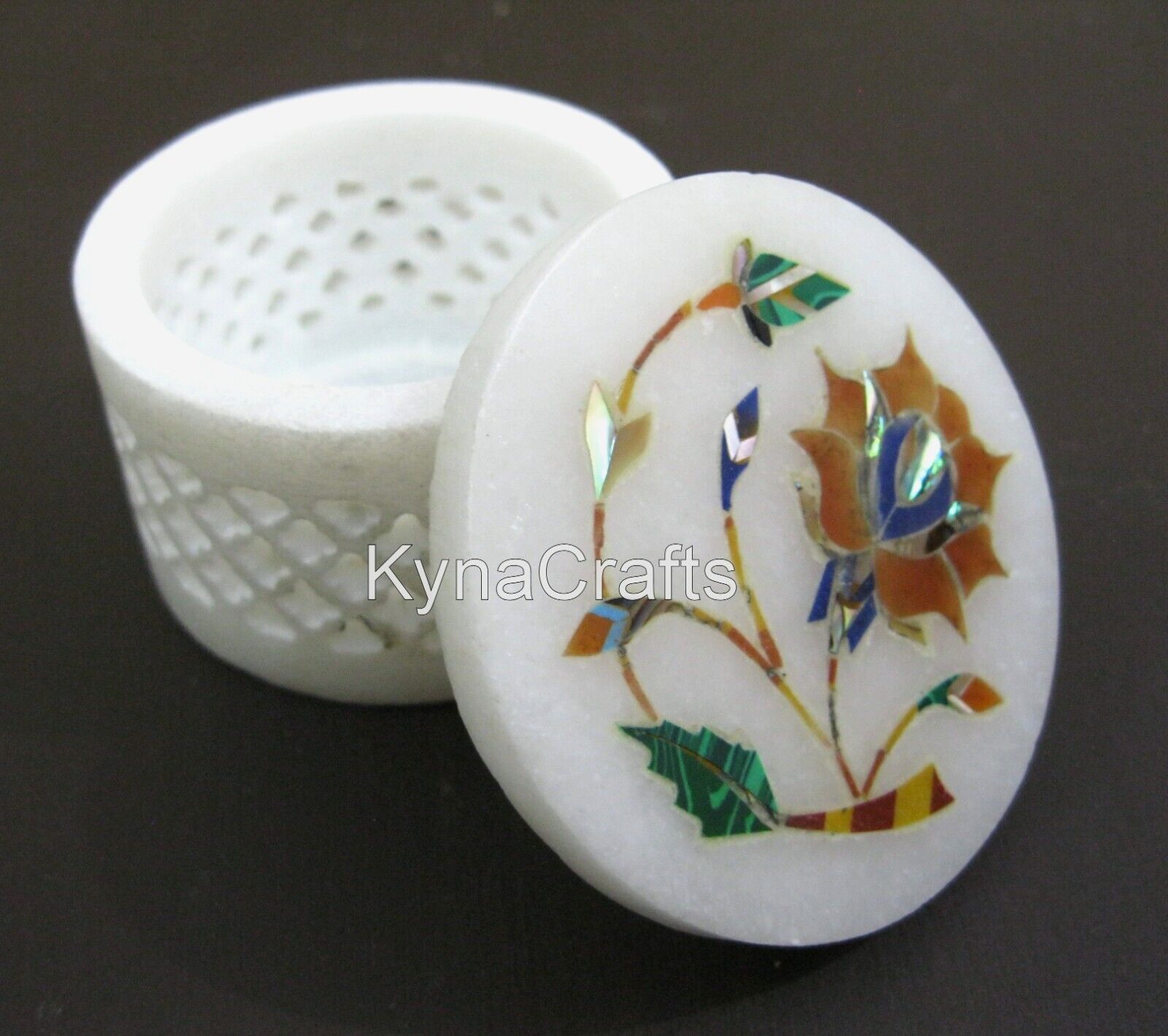2.5 Inches Hand Carving Work Jewelry Box Round White Marble Rubber Band Box