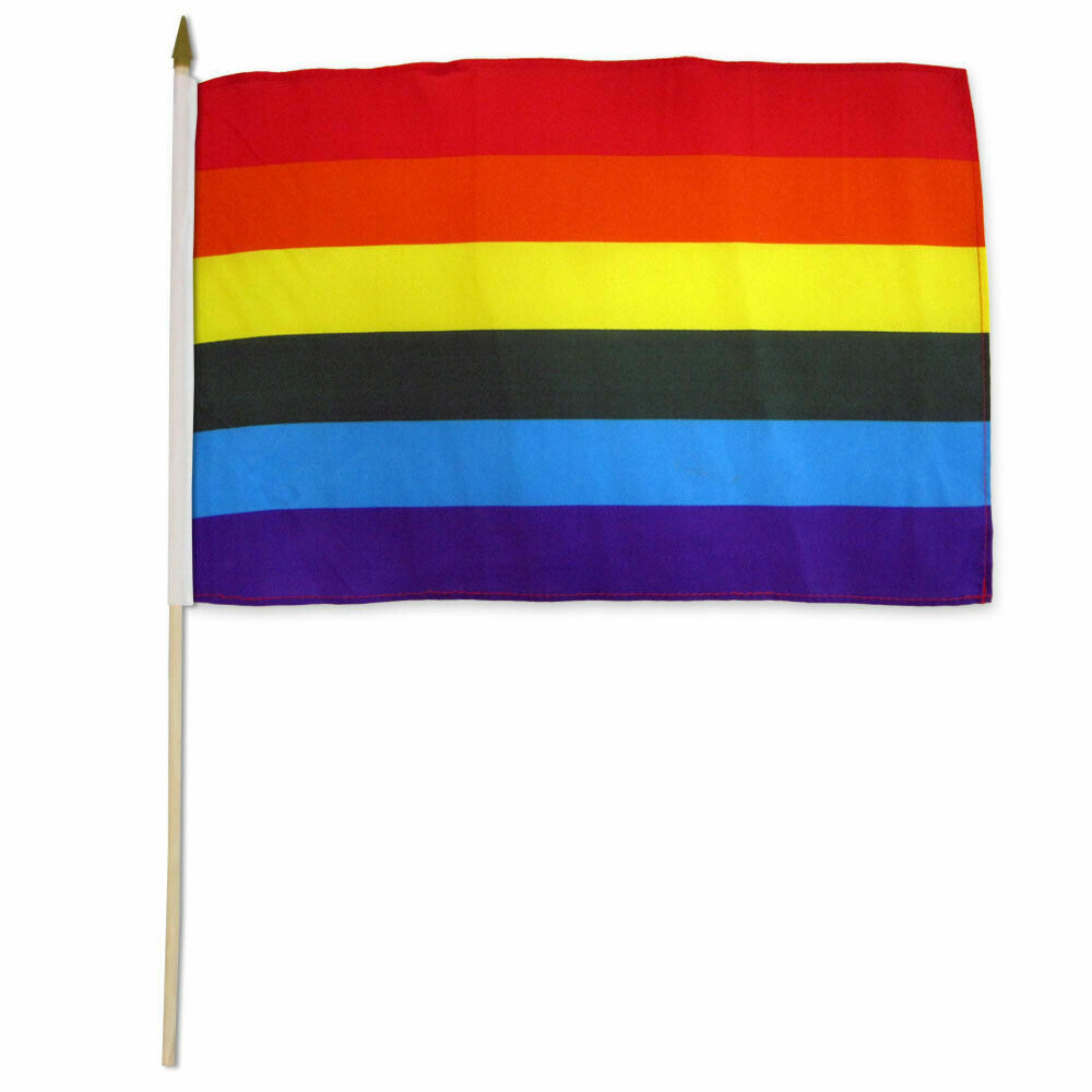 12 (ONE DOZEN) Rainbow WOODEN Stick Flag 12x18in Handheld Rainbow Flag LGTBQIA 