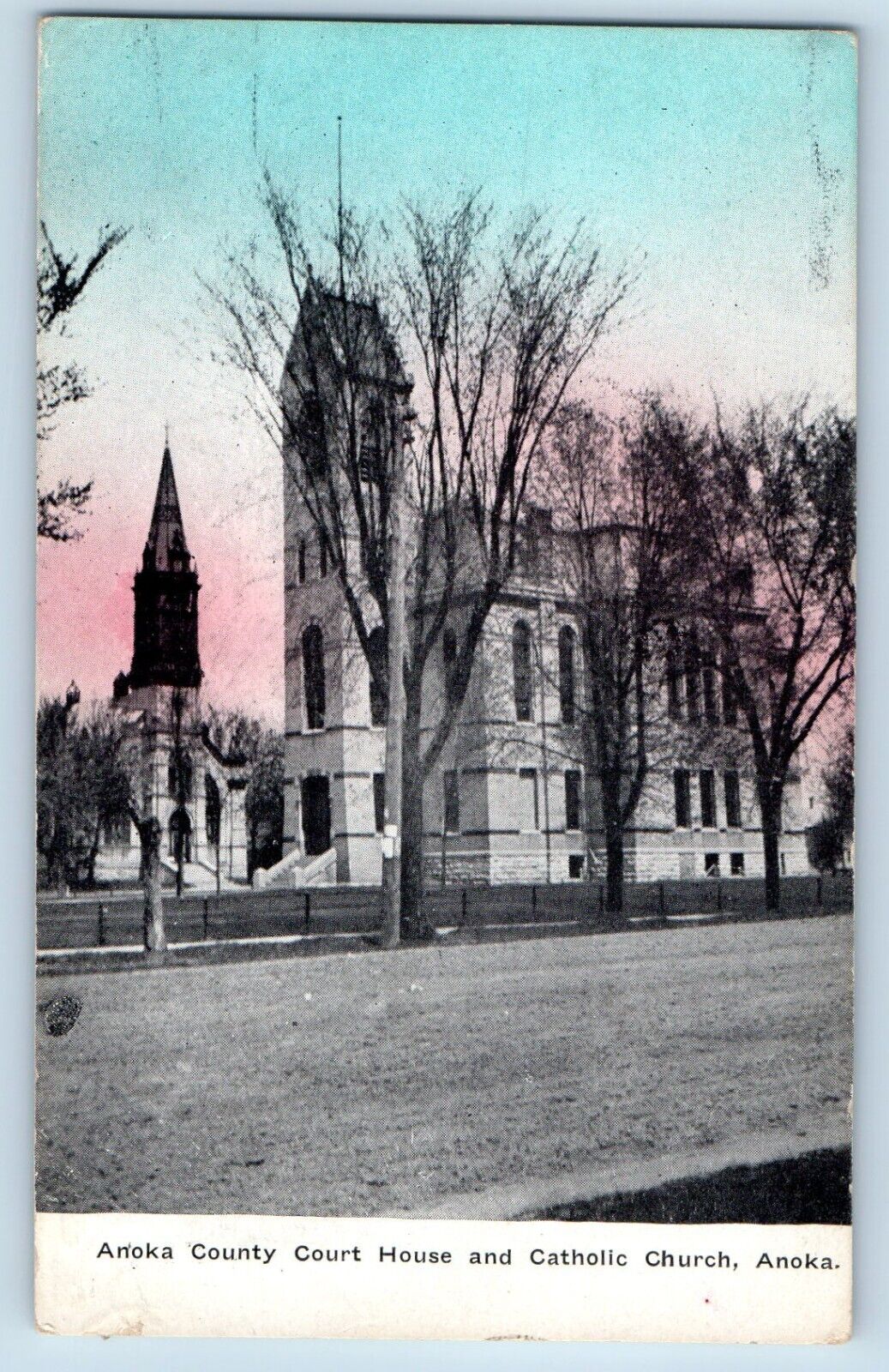 Anoka Minnesota Postcard County Court House Catholic Church 1910 Vintage Antique