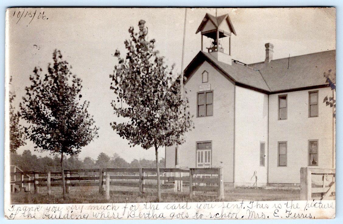 1906 RPPC MESICK MICHIGAN POSTMARK GRADE SCHOOL HOUSE BELL TOWER MRS E FERRIS