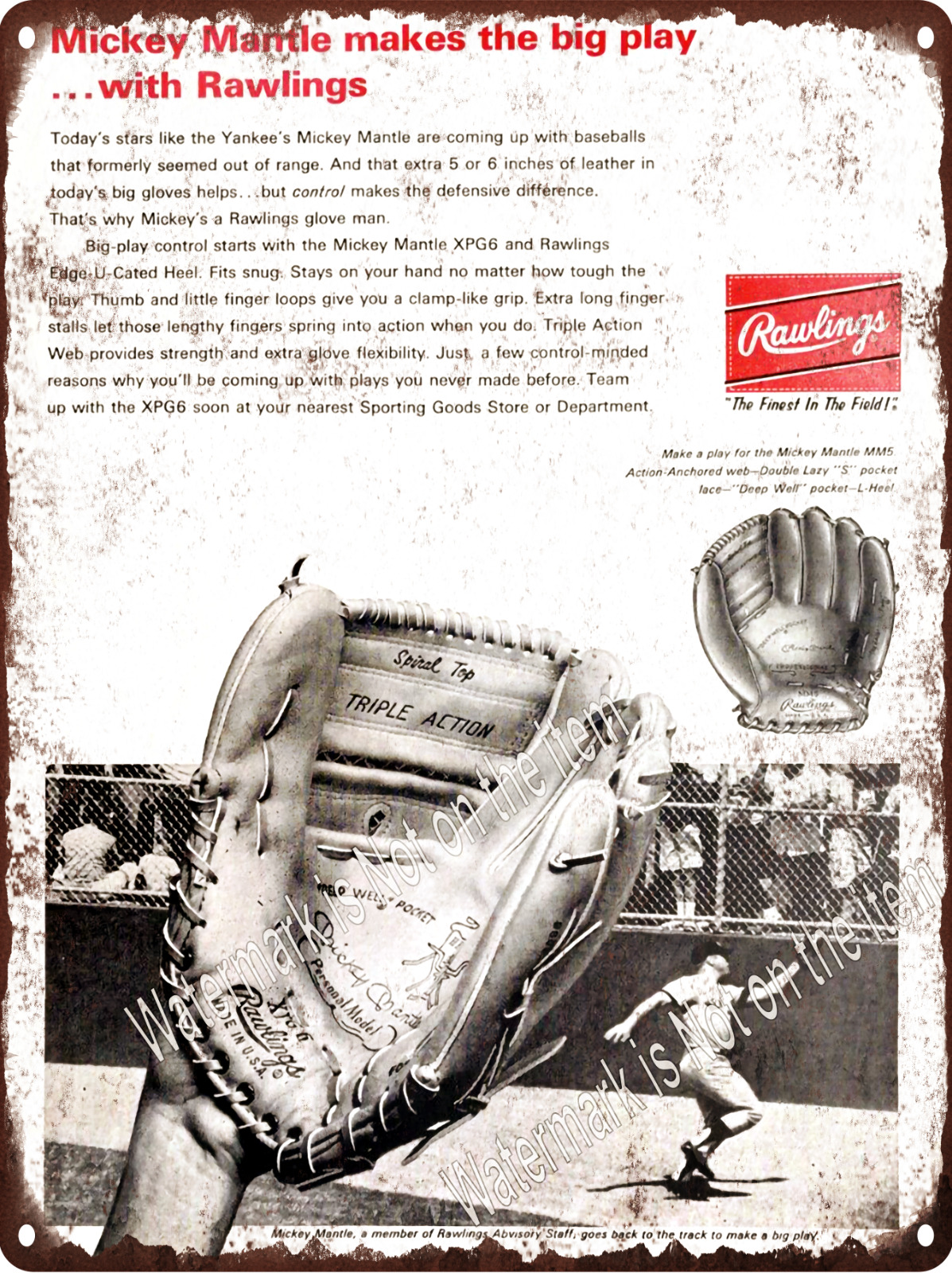 1967 Rawlings Baseball Glove Mickey Mantle NY Yankees Metal Sign 9x12\