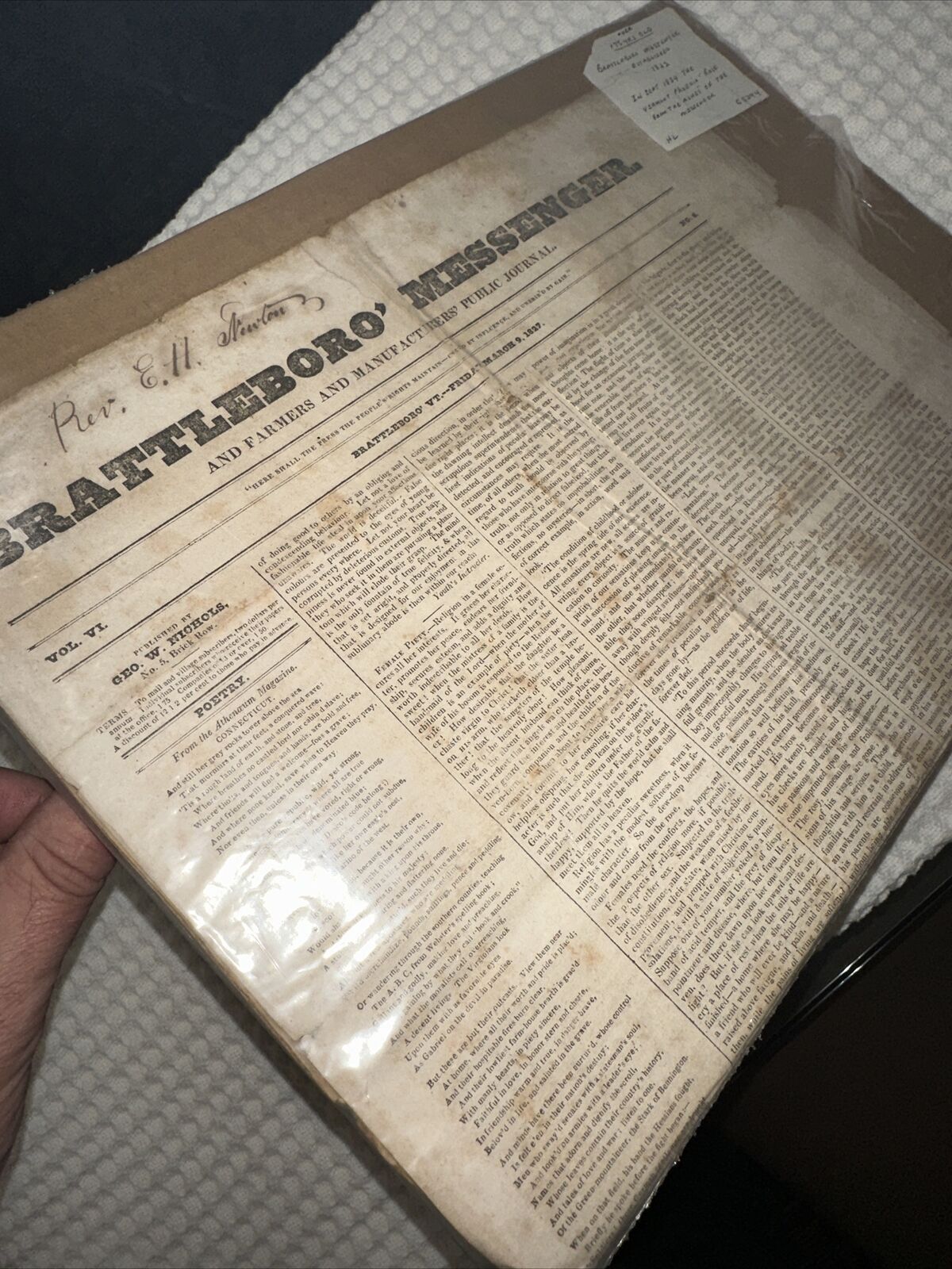 Antique Newspaper, Brattleboro Vermont Messenger, March 9, 1827 ￼