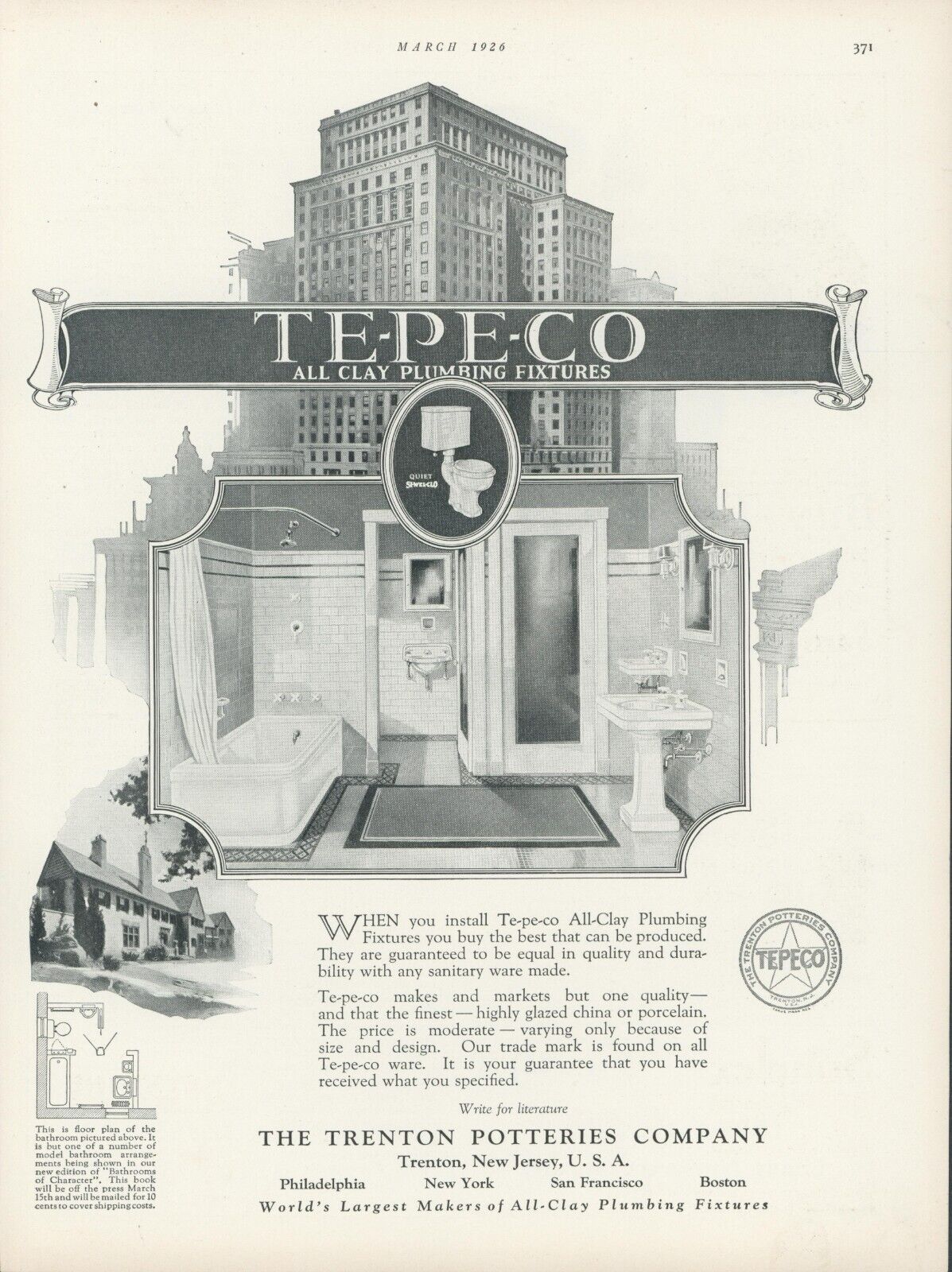 1926 Te Pe Co Clay Plumbing Fixtures Trenton Potteries Co Bathroom Print Ad HB1