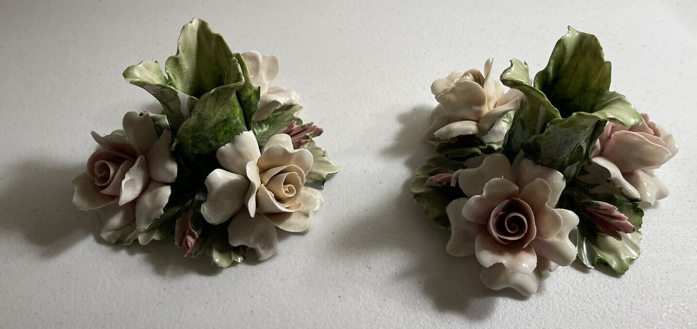 Vintage Capodimonte Candle Holders Roses/Flowers Set of 2 Made In Italy