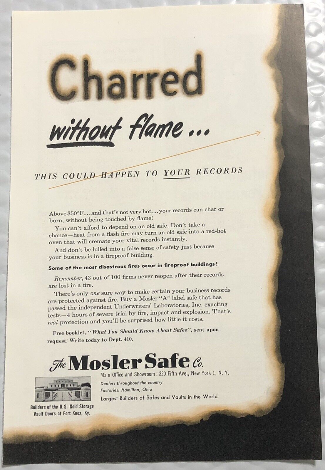 Vintage 1950 Original Print Advertisement Full Page - Mosler Safe - Charred
