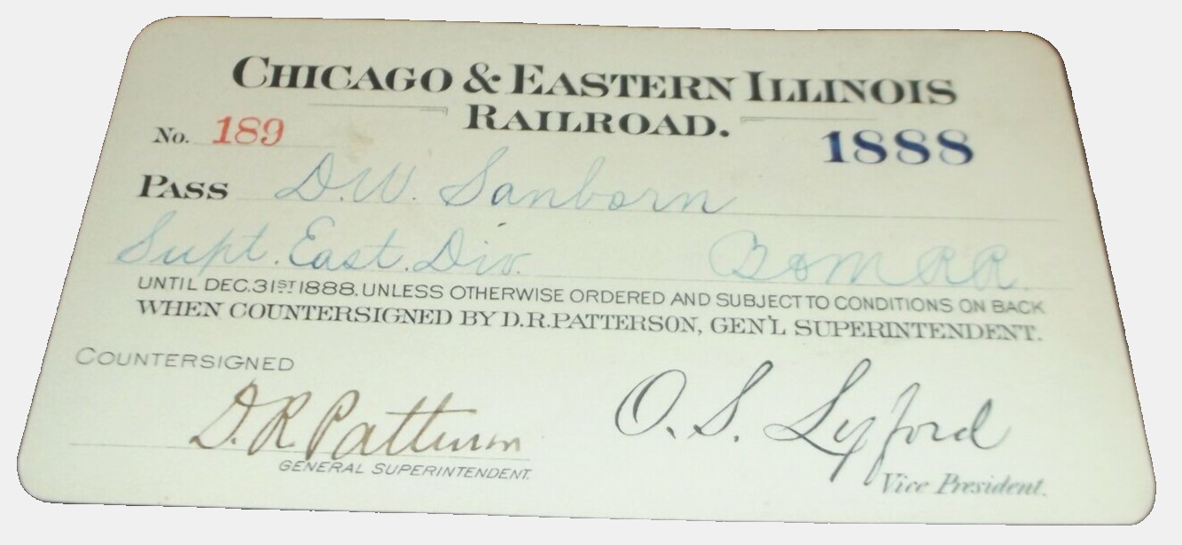 1888 C&EI CHICAGO & EASTERN ILLINOIS RAILWAY EMPLOYEE PASS #189