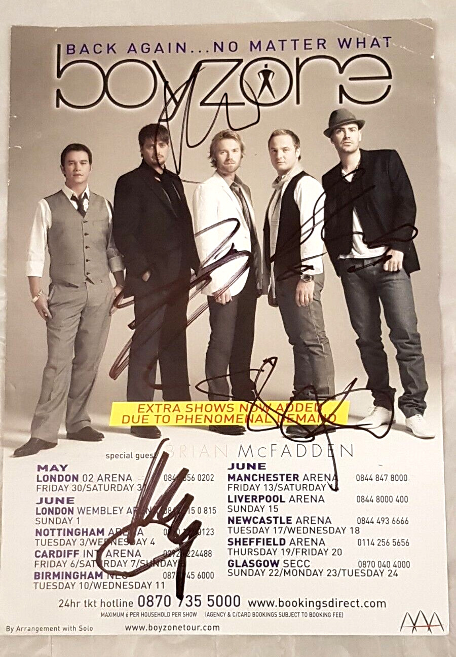 Boyzone multi-signed (by all 5 incl Stephen Gately) tour flyer. Rare. AFTAL COA