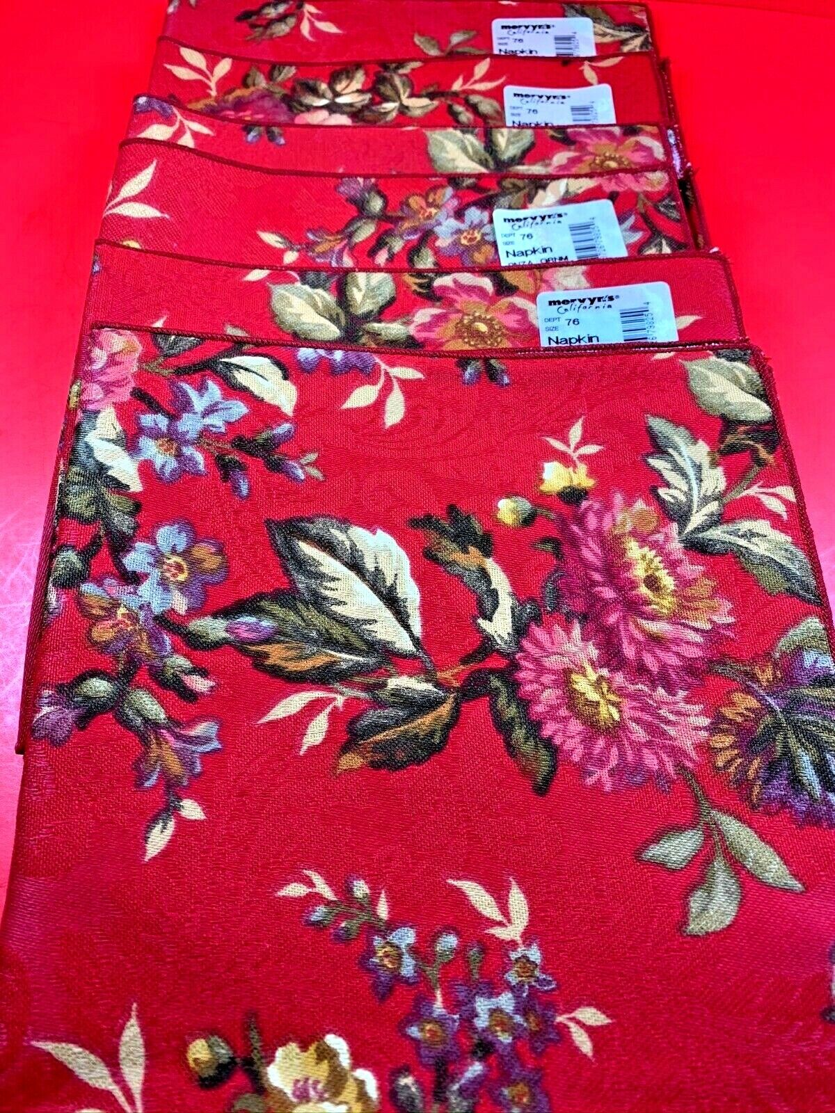 Vintage Louisville Saydah Set of 6 Red Floral Napkins New Old Stock Mervyn\'s
