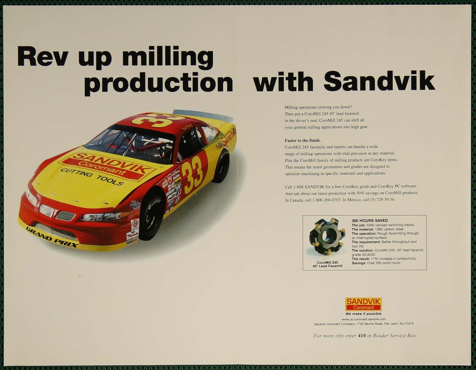 Sandvik Coromill 245 Facemill 33 Pontiac Race Car Vintage Print Ad 1998