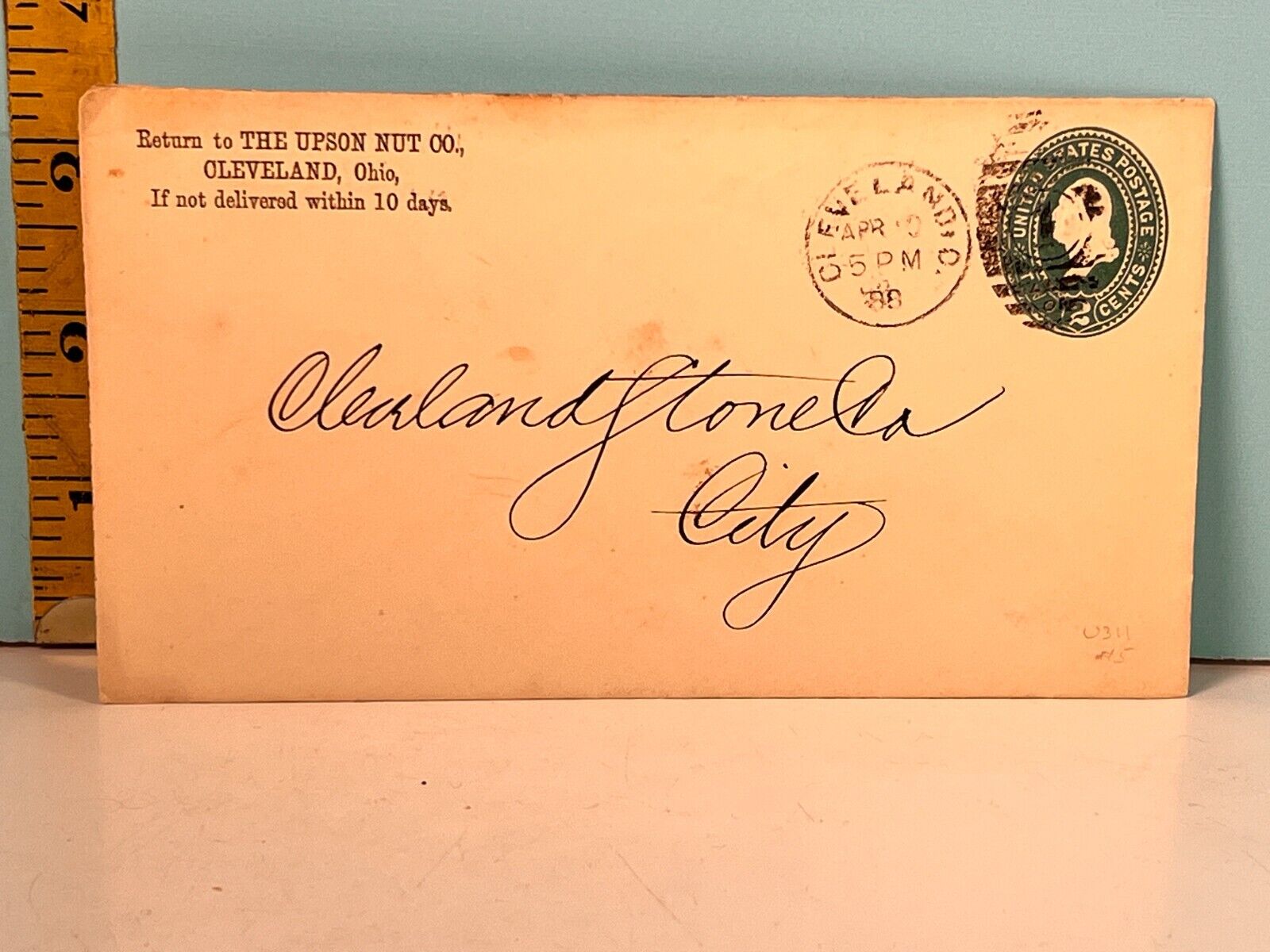 1888The Upton Nut Co ,Cleveland Ohio- Cleveland Stone Co  2 Cent Stamp Envelope.