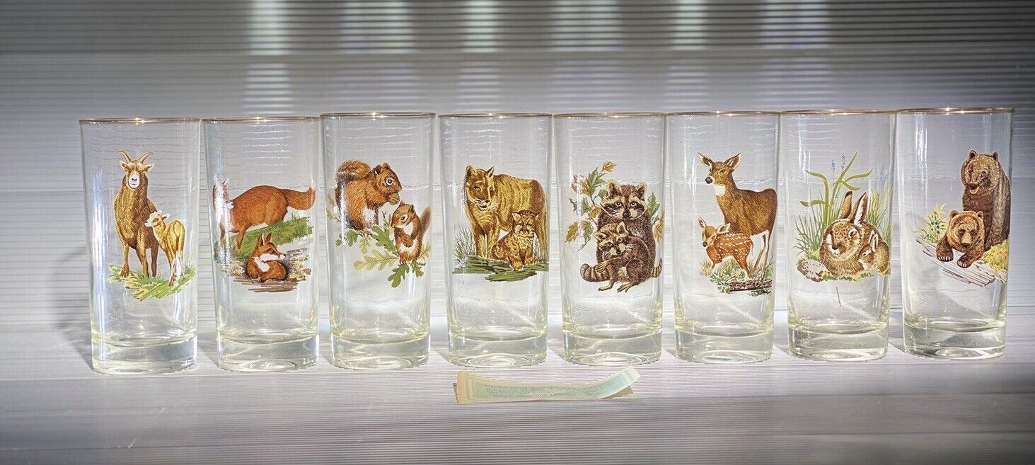 Vtg West Virginia Glass wildlife Glass 8 Piece Set w/ Box RARE