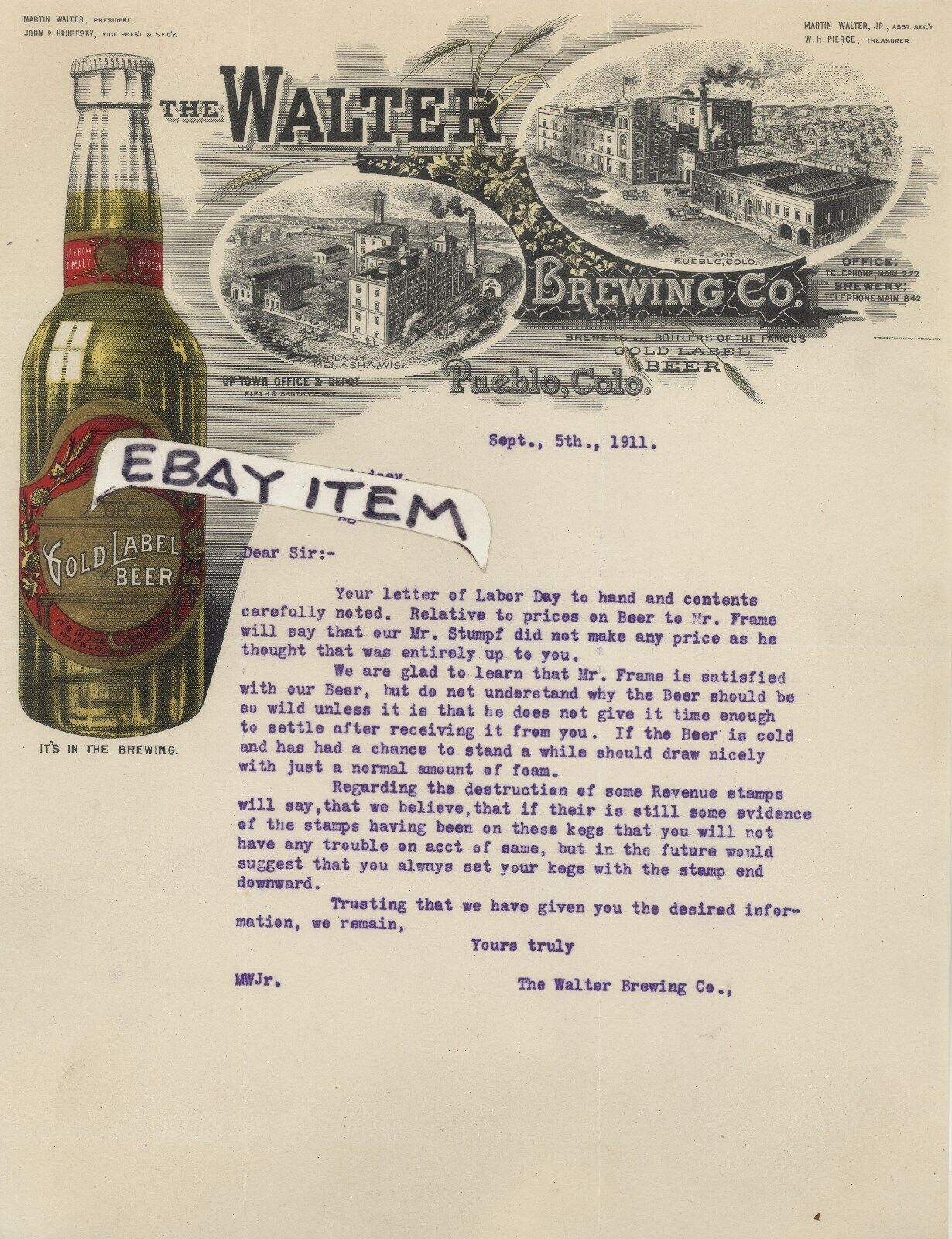 1911 WALTER BREWING CO. Hrubesky PIERCE brewery BEER Pueblo Colorado LETTERHEAD 