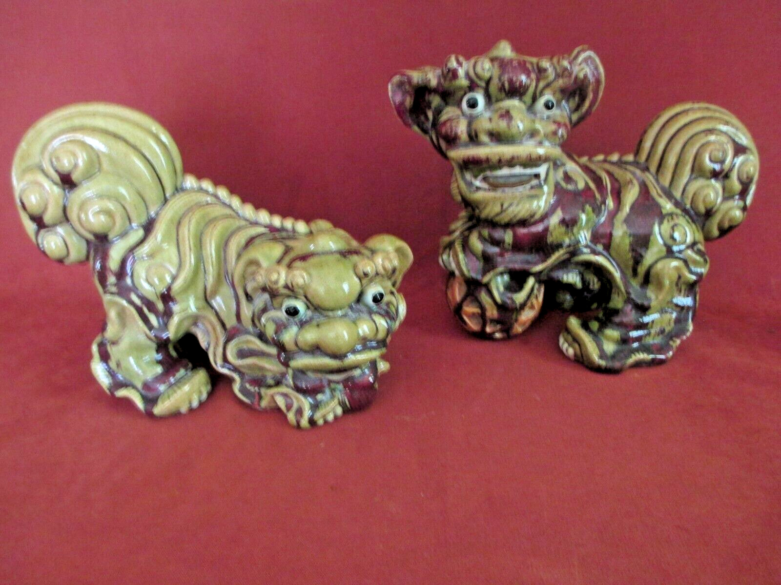 Fabulous Foo's 1950’s/60's pair of drip glaze stoneware Foo Dog Figurines Heavy