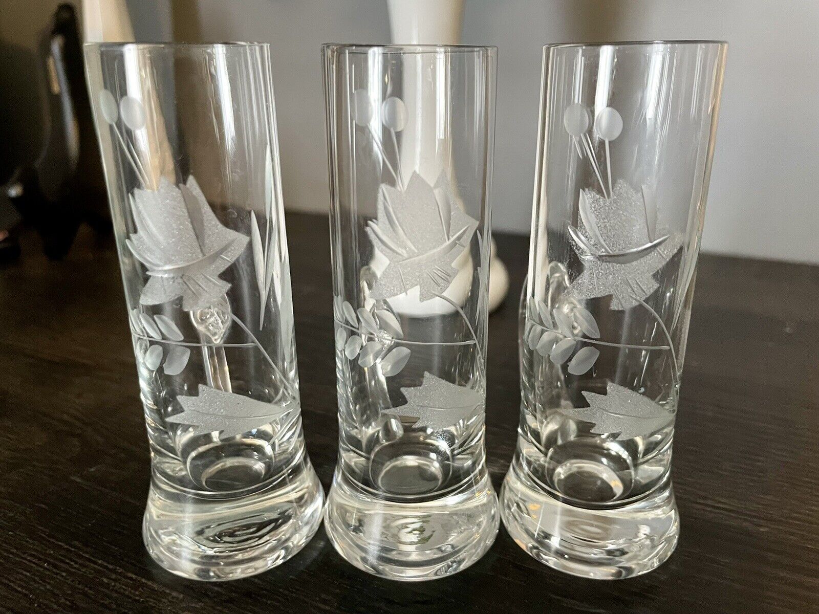 3 VINTAGE BOHEMIAN ETCHED CRYSTAL WATER LILLY SHOT GLASSES WITH HANDLES, SO CUTE