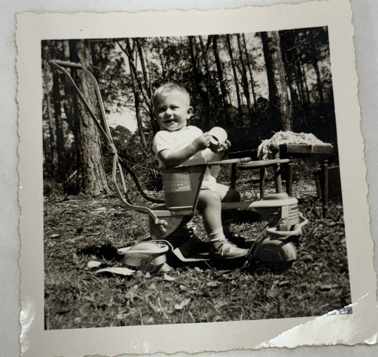 Vintage B&W Photo Happy Toddler Rides Push Toy Tricycle 3.5x3.25