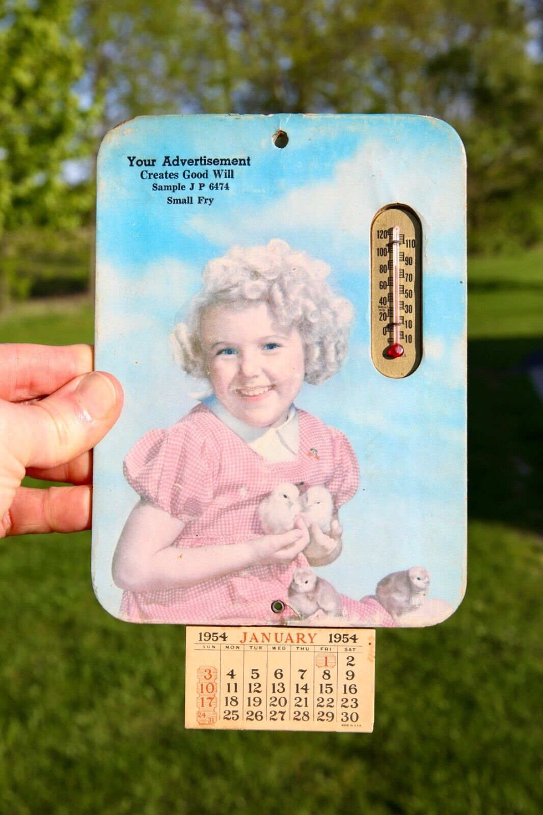 Vintage 1954 Advertising Thermometer Sign Calendar Chickens Farm Dairy Girl