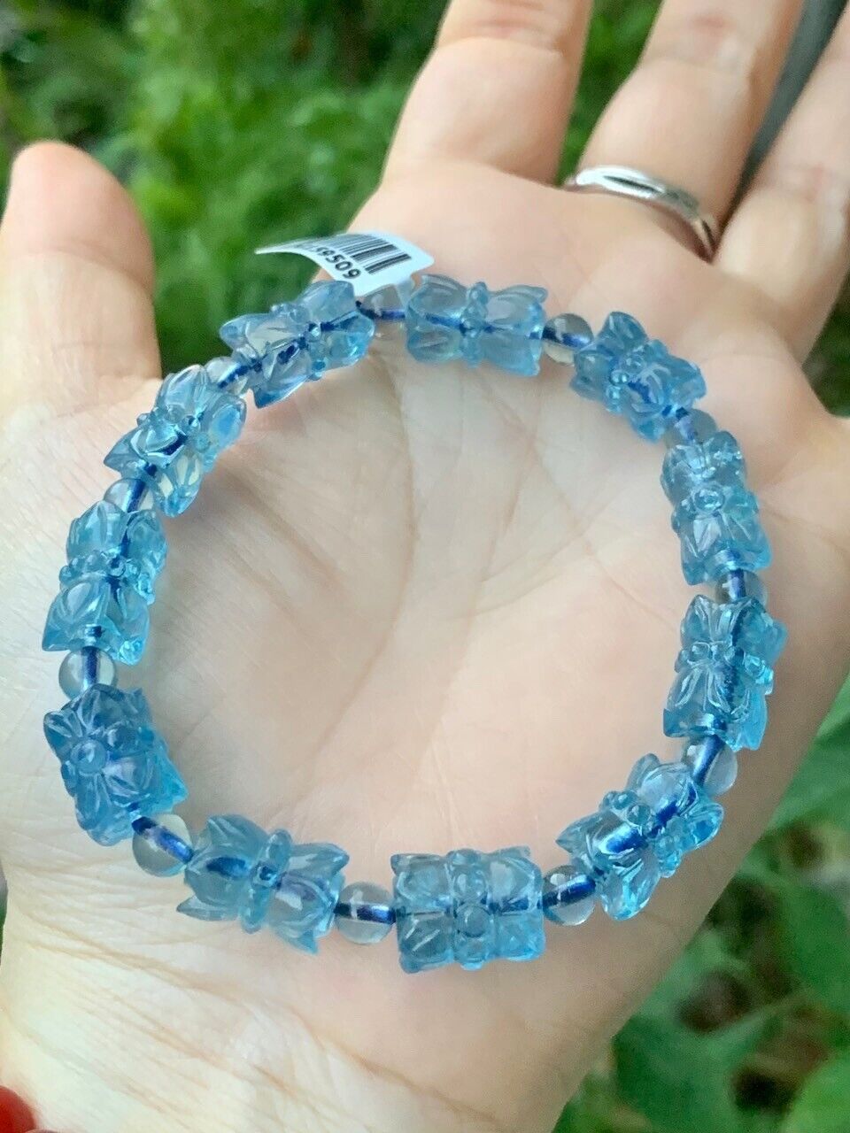Blue Devil Aquamarine gemstone hand carved lotus bracelet,Wrist 6.1/2”/16.5CM