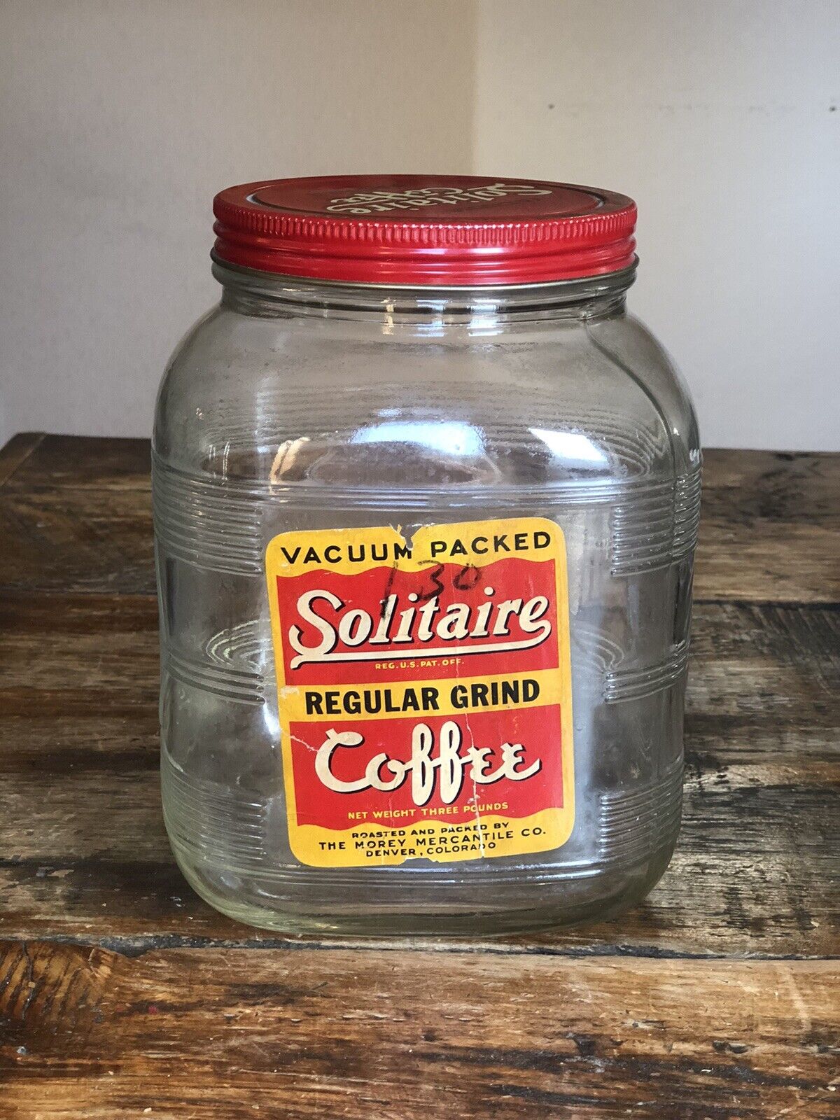 Vintage 1940s Solitaire Coffee Glass Jar Denver Co Advertising Retro