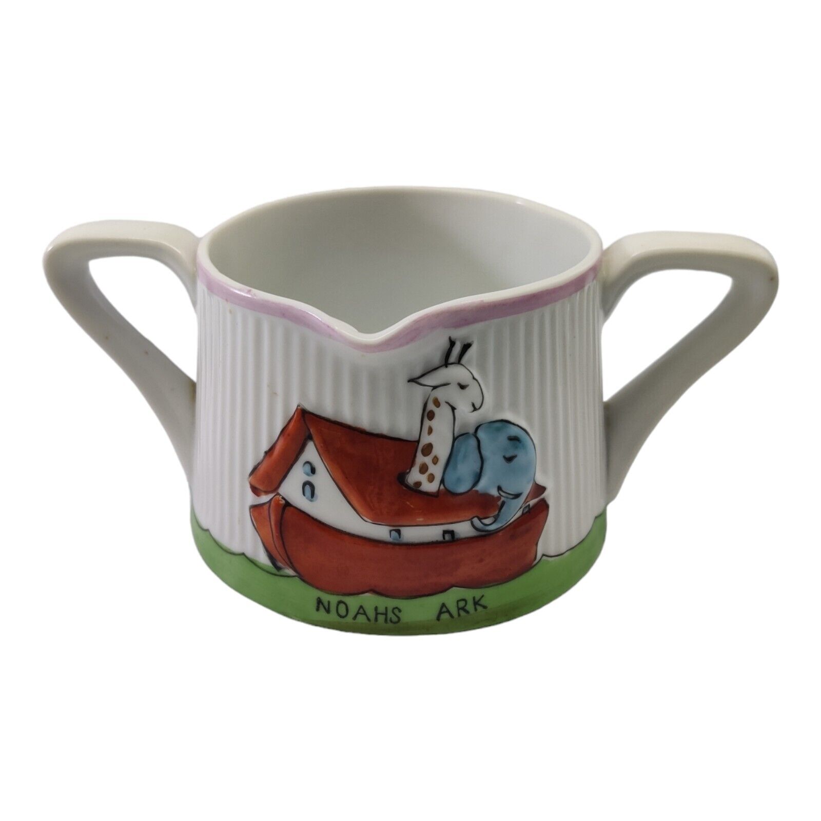 Vintage Child\'s Double Handled Sipping Cup Noahs Ark Themed Pouring Cup