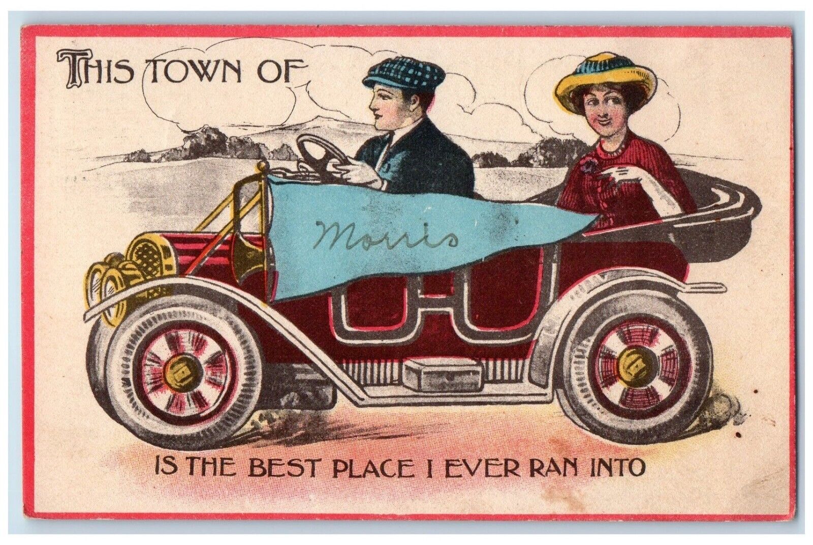 1913 This Town Morris Best Place Ever Ran Into New York Banner Pennant Postcard