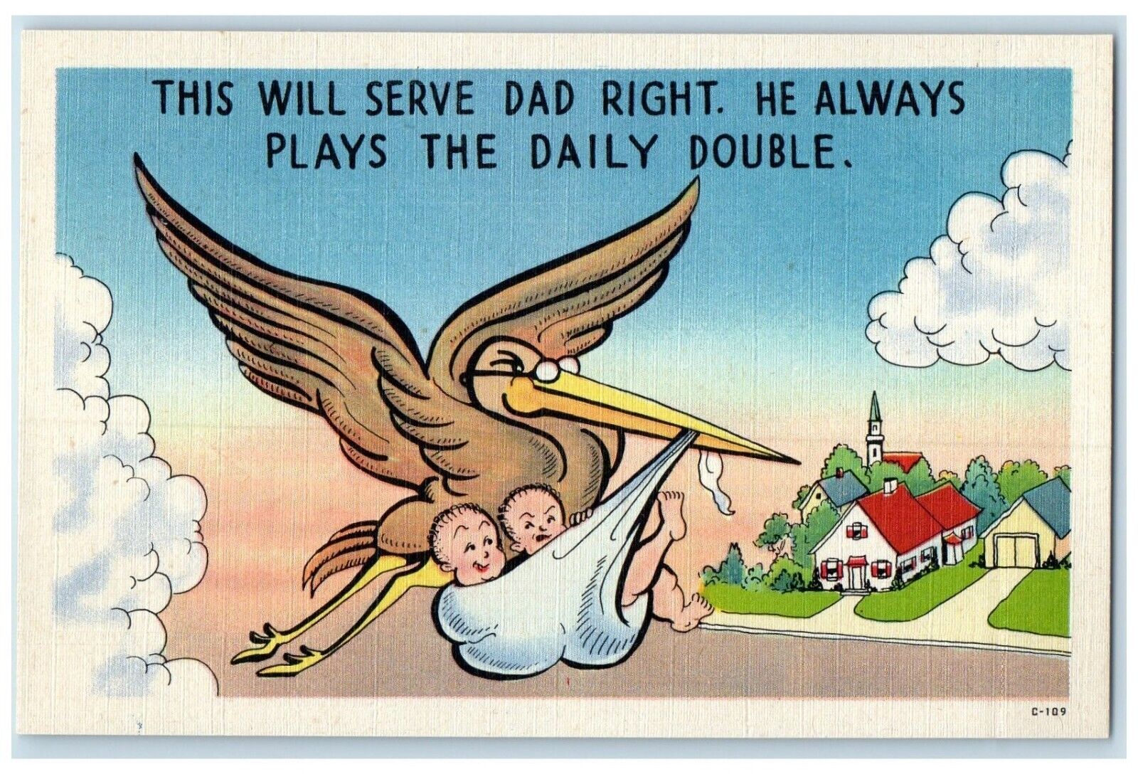 c1910's Stork Delivering Twin Babies Houses Unposted Antique Postcard