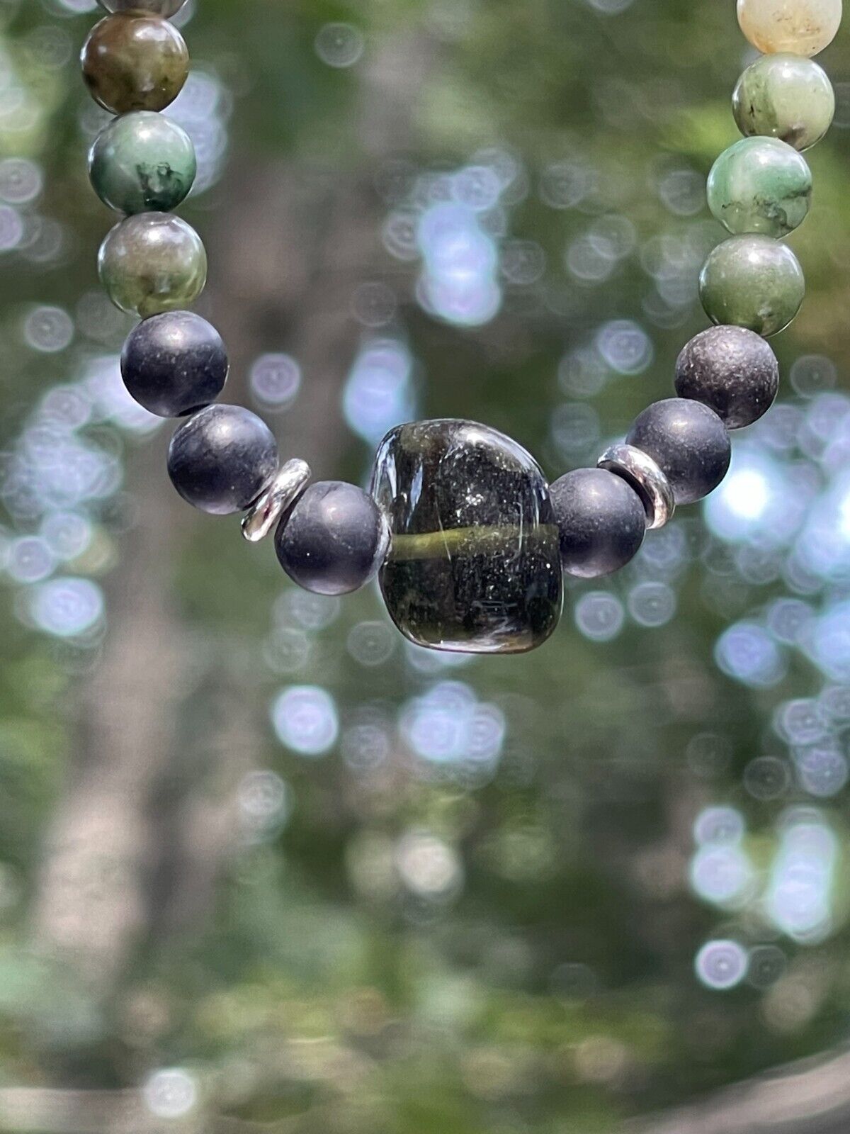 Moldavite bracelet Tumbled bead with other Green Malas