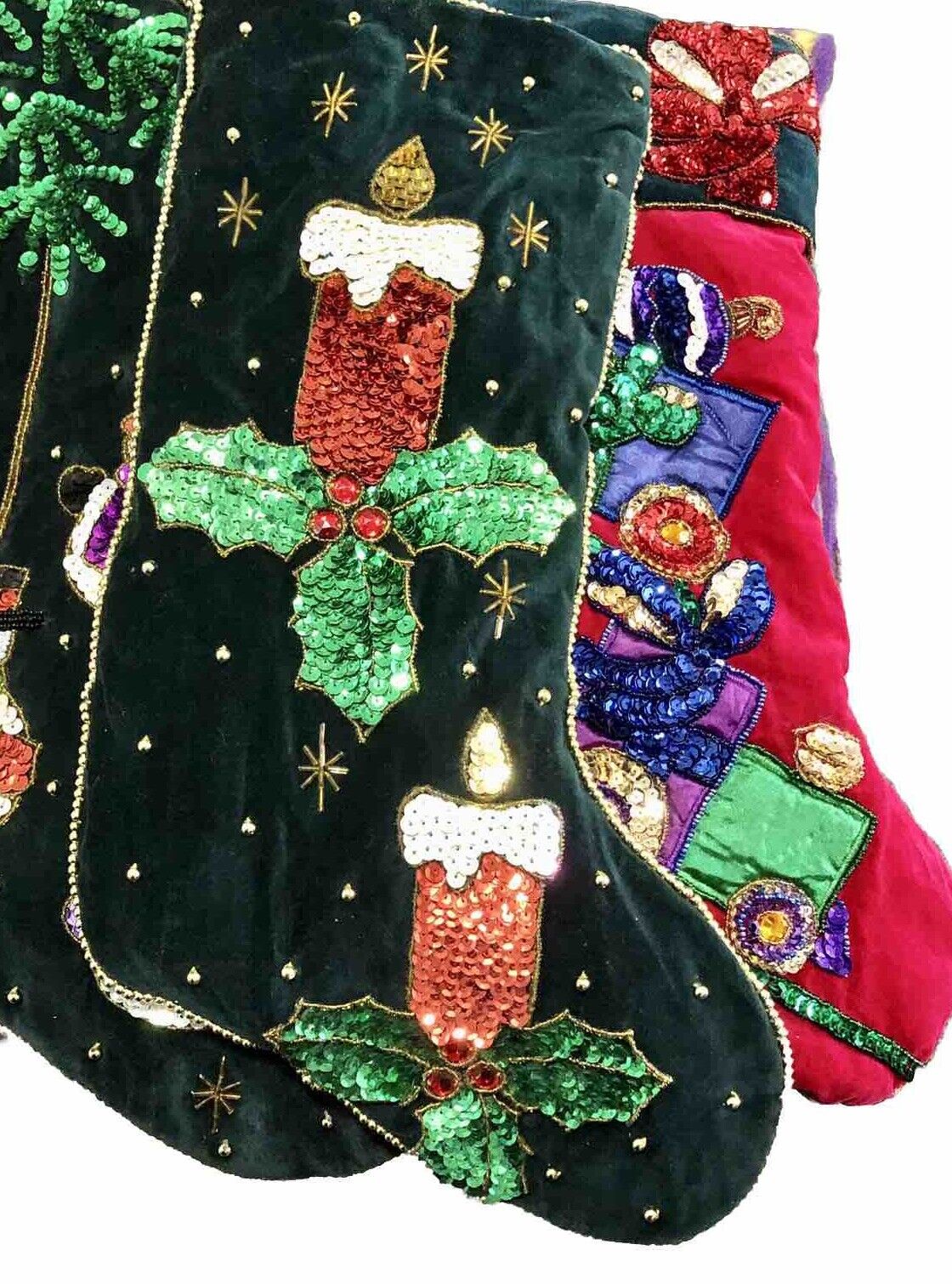 3 Vintage Velvet Sequin Christmas Stockings Candle Snowman Toy 17”-18” 1998