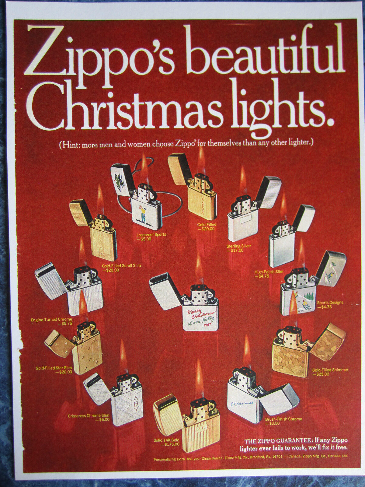 VINTAGE CHRISTMAS 1960\'s 13 ZIPPO GOLD & SILVER LIGHTERS SIGN AD