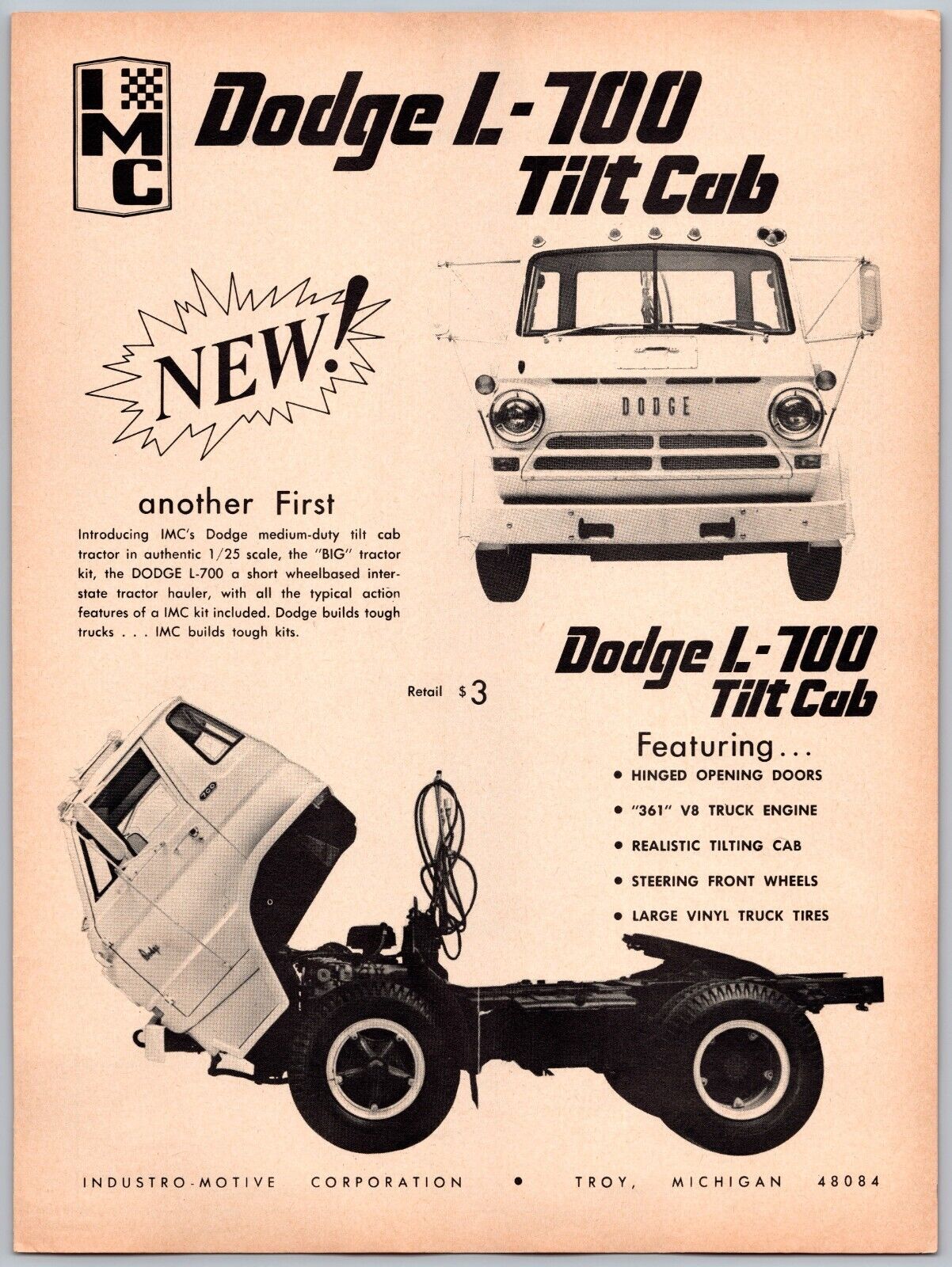 IMC Dodge L-700 Tilt Cab Model Truck Vintage April, 1969 Full Page Print Ad