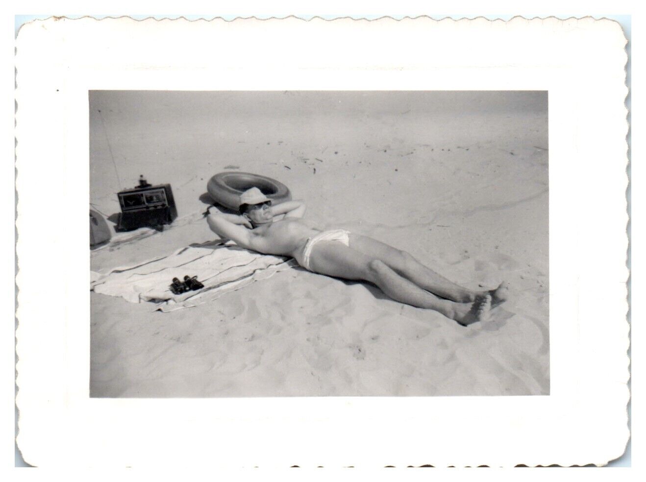 1940s Beefcake Handsome Man Speedo Bulge Beach Binoculars GAY INT VTG Photo UU