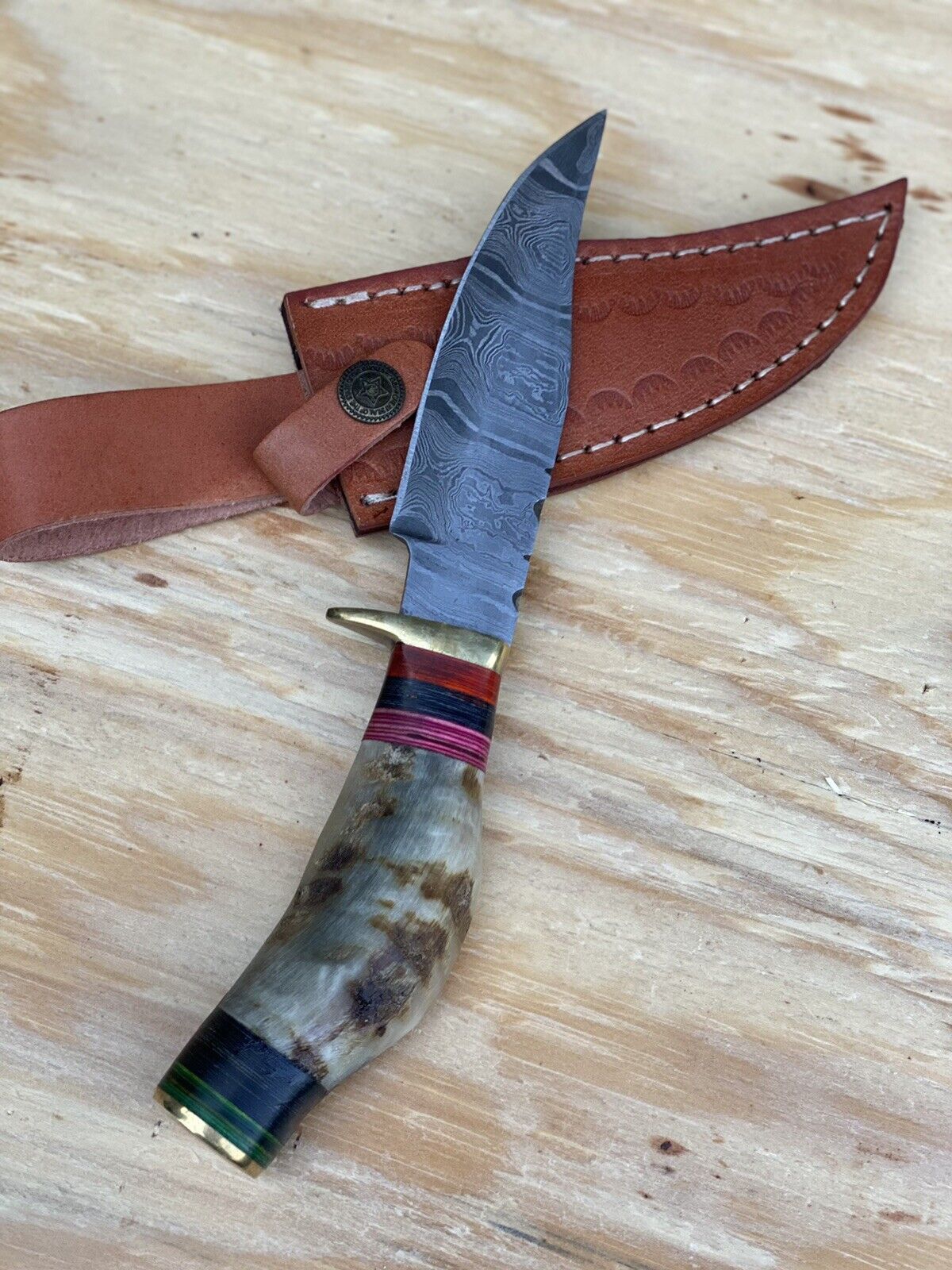 10”Custom Made Damascus Steel Blade w/Ram horn handle/Skinner/hunting Knife ZH07