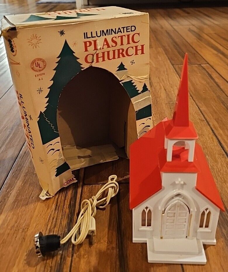 Vintage Noma Christmas Village Church Illuminated Plastic 1950s Original Box USA