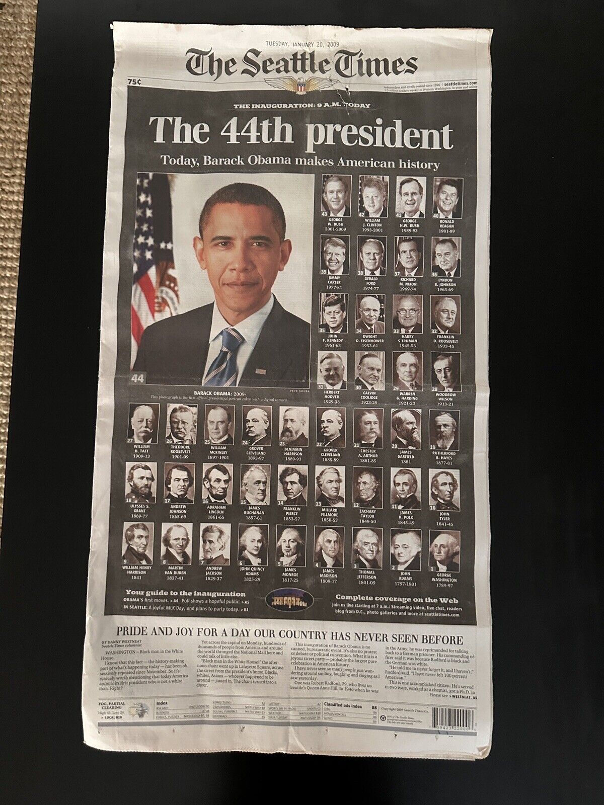 Barack Obama The 44th President. SEATTLE TIMES NEWSPAPER. January 20, 2009