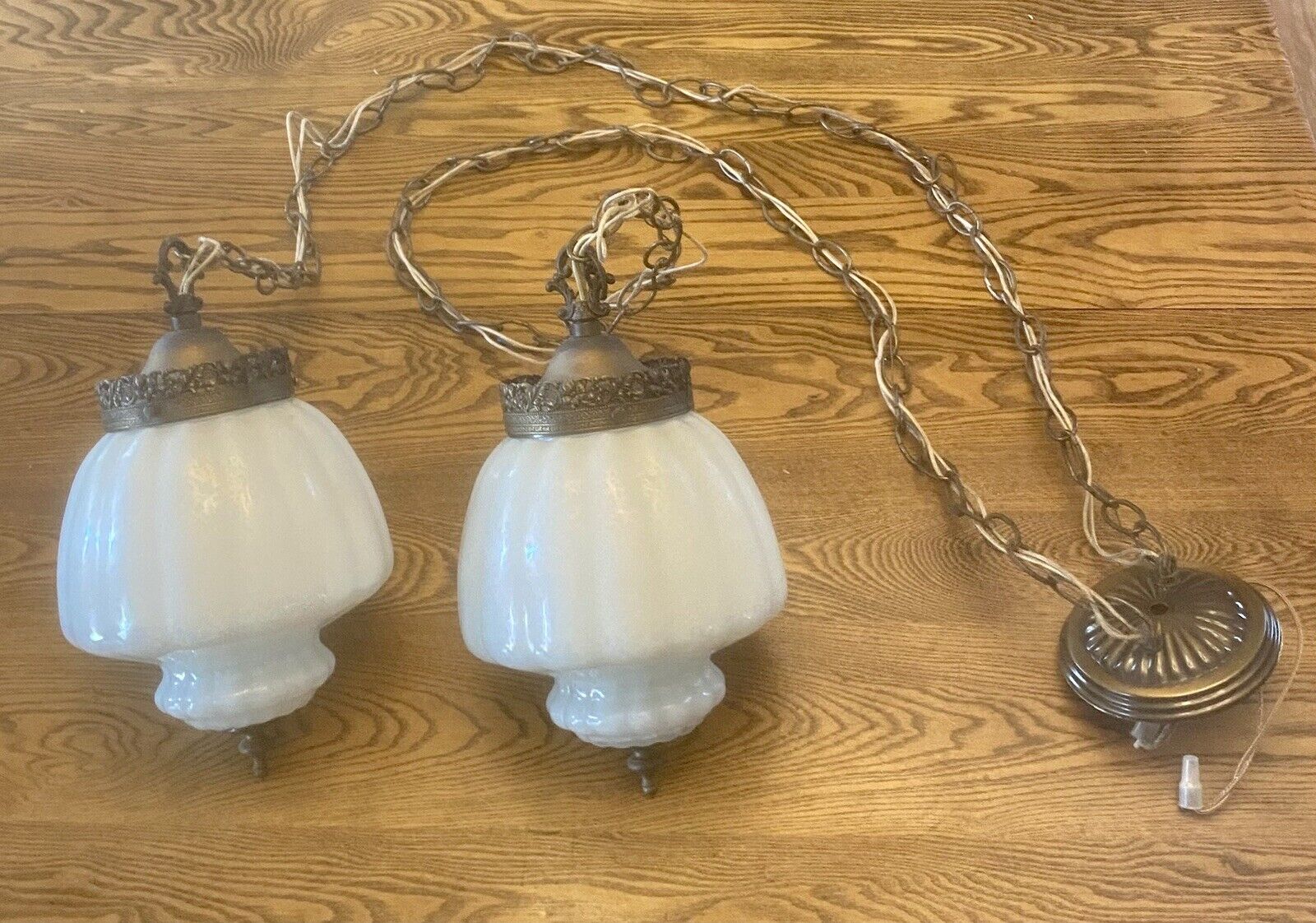 Mid Century Double Hanging Glass Swag Lamp