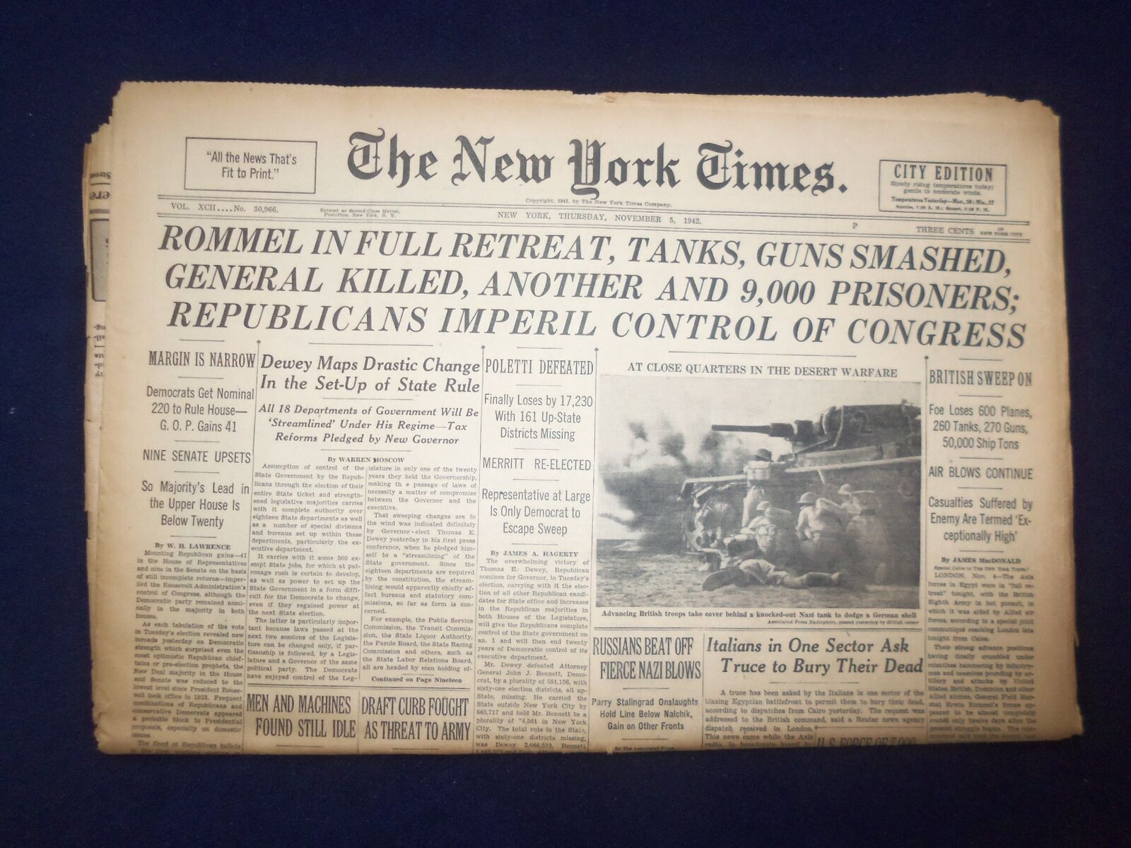 1942 NOV 5 NEW YORK TIMES - ROMMEL IN FULL RETREAT, TANKS, GUNS SMASHED- NP 6511