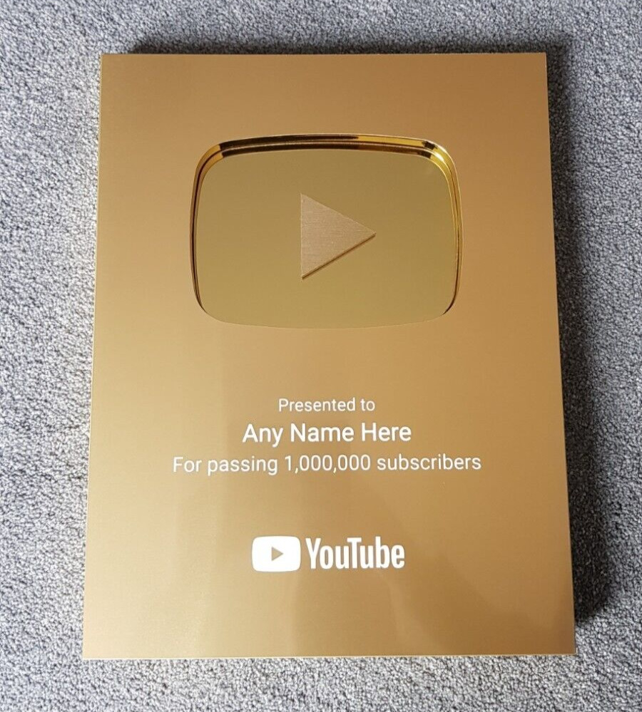 YouTube 1 Million Gold Creator Play Button Award Plaque Personalised Name Custom