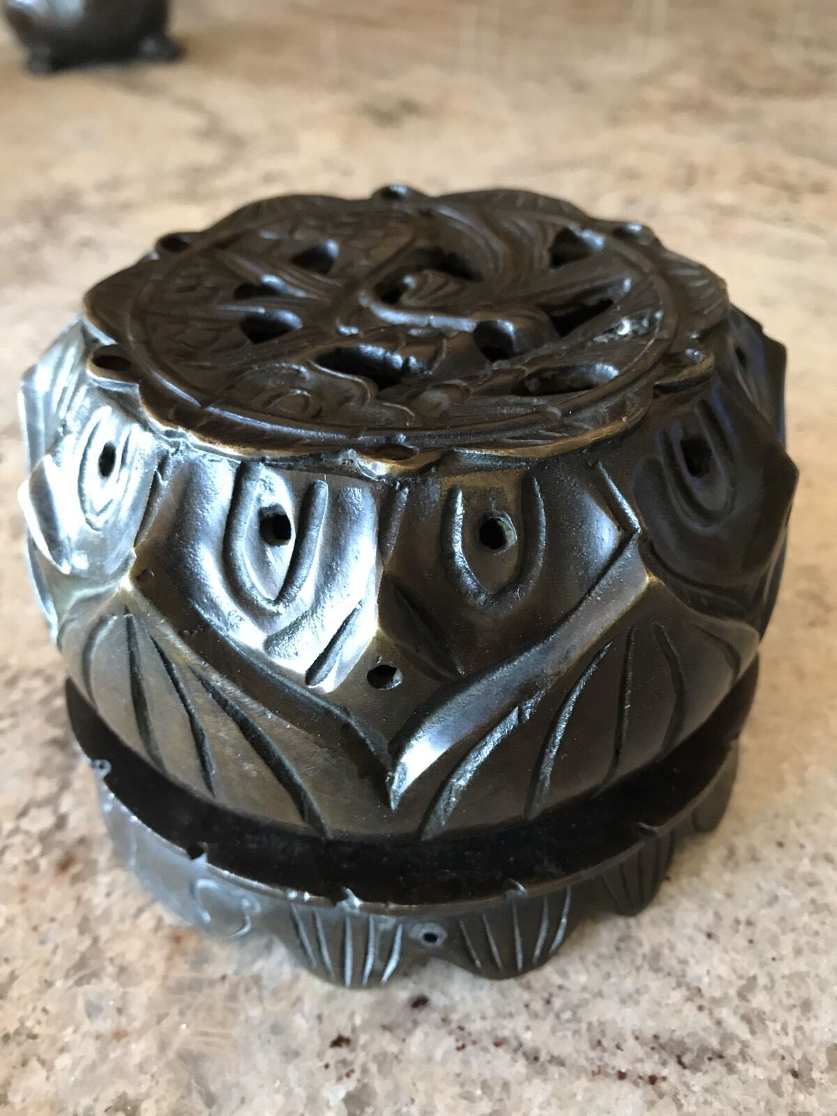 Lovely Old Bronze Chinese Censer in Two Parts Stylized with Flowers and Leaves