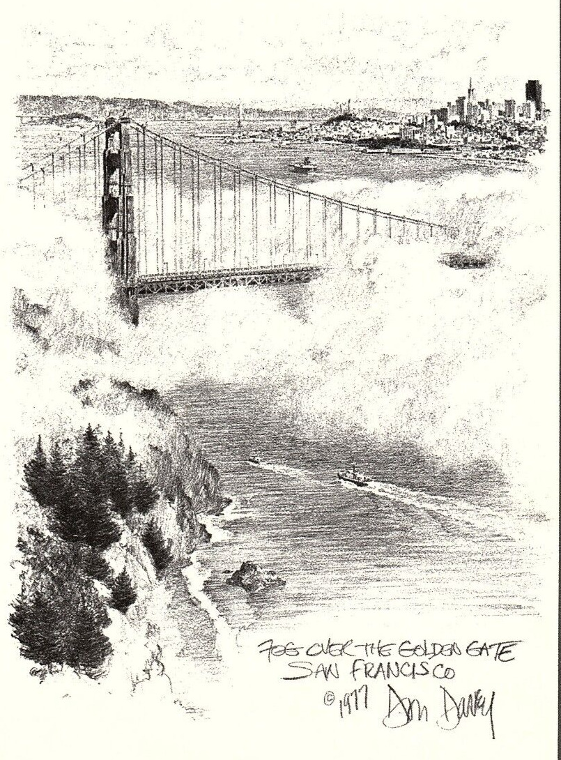 1977 DON DAVEY ARTIST SKETCH SAN FRANCISCO FOG OVER GOLDEN GATE POSTCARD Z835